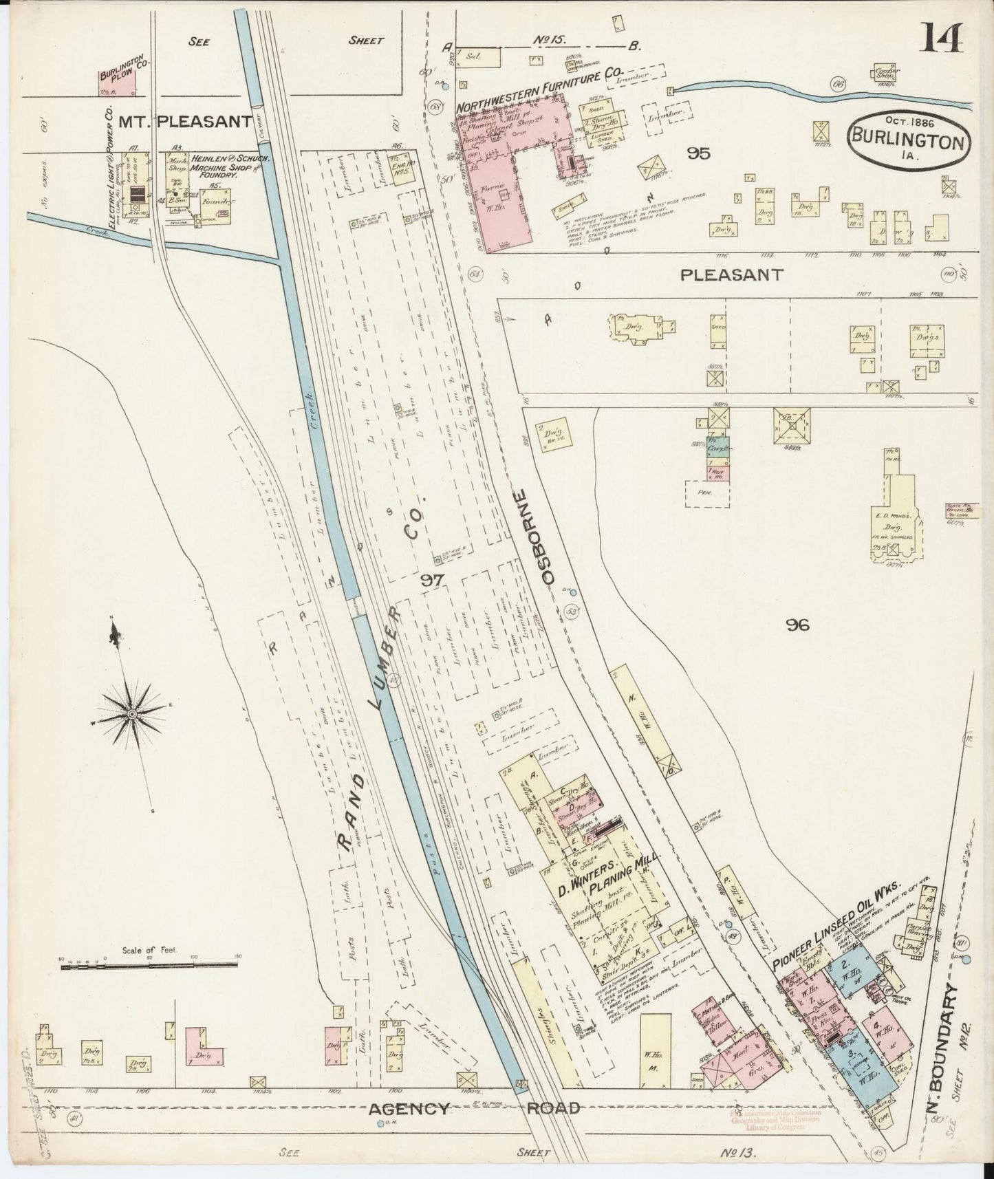 Sanborn Fire Insurance Map from Burlington, Des Moines County, Iowa (1888), Sheet #0014 - Historic Sanborn Fire Insurance Map Print, vintage old map wall art