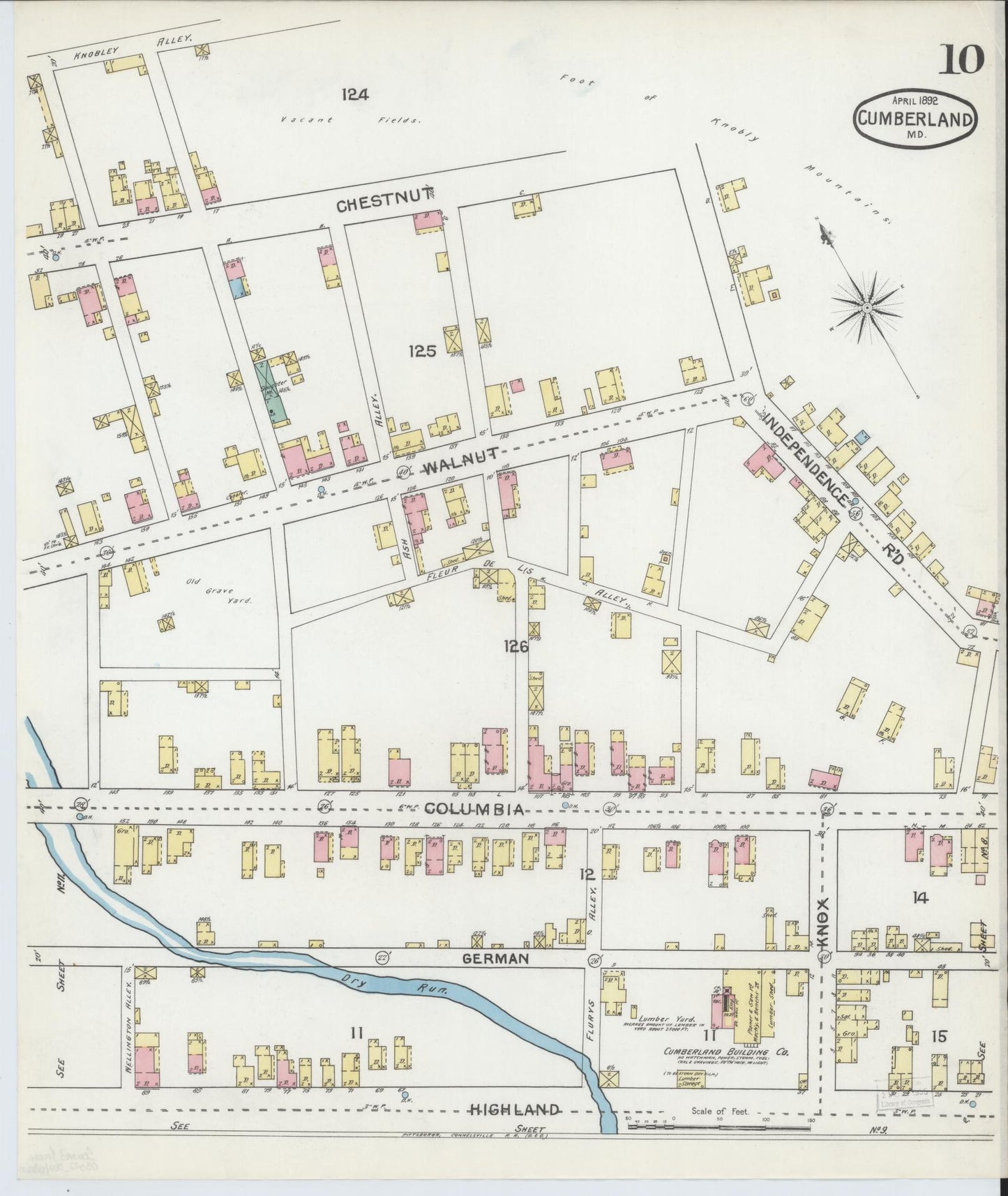 Sanborn Fire Insurance Map from Cumberland, Allegany County, Maryland (1892), Sheet #0010 - Historic Sanborn Fire Insurance Map Print, vintage old map wall art, antique decor, genealogy gift, Maryland Maryland map