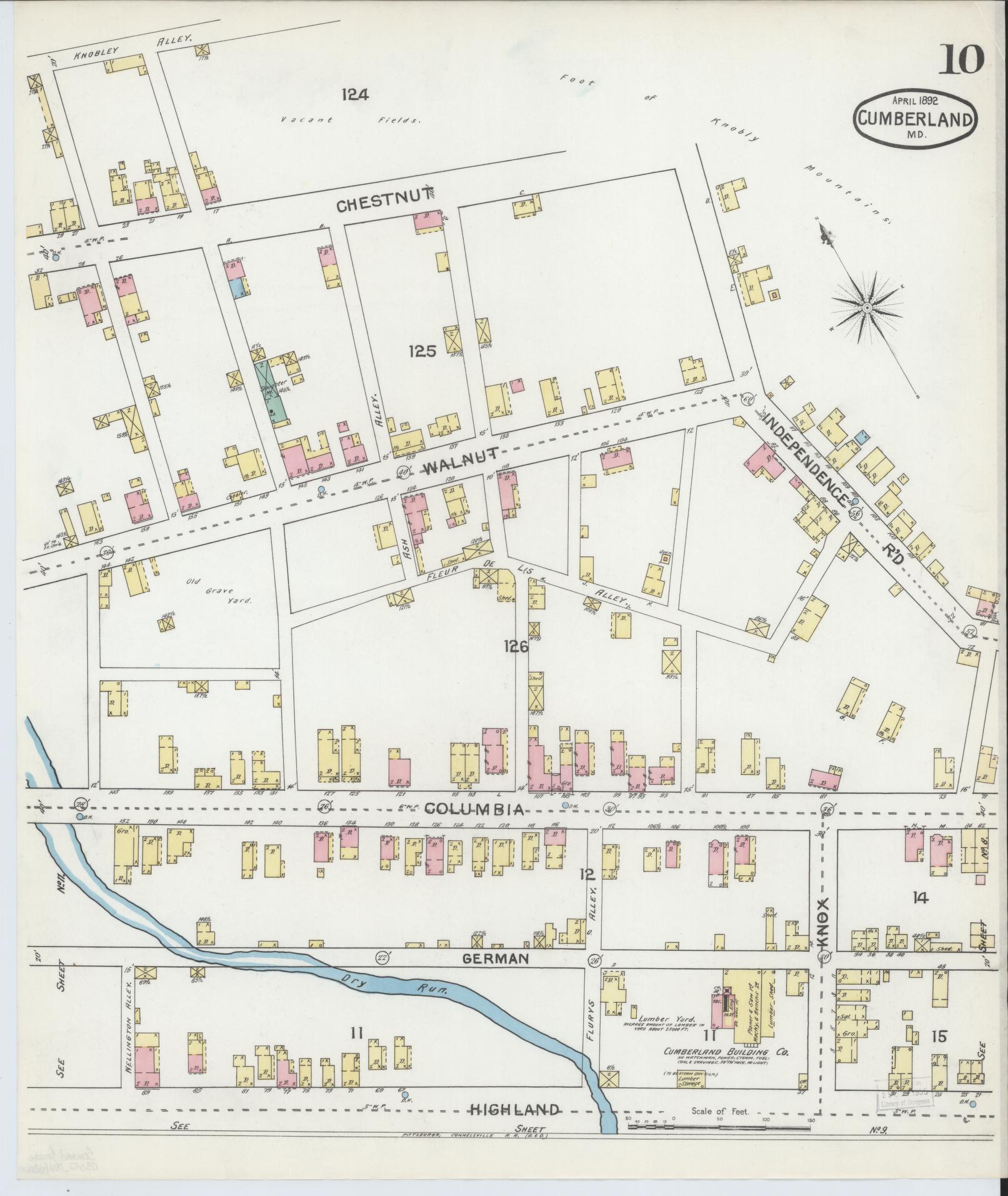 Sanborn Fire Insurance Map from Cumberland, Allegany County, Maryland (1892), Sheet #0010 - Historic Sanborn Fire Insurance Map Print, vintage old map wall art, antique decor, genealogy gift, Maryland Maryland map