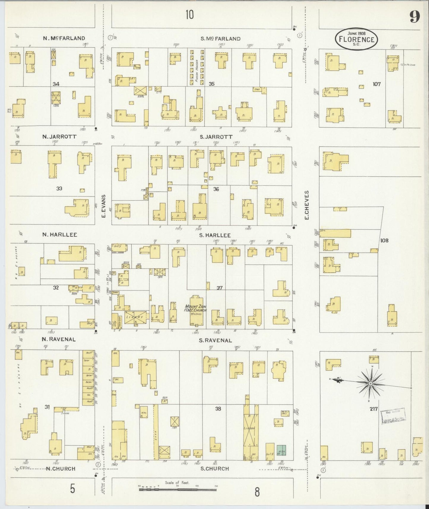 Sanborn Fire Insurance Map from Florence, Florence County, South Carolina (1908), Sheet #0009 - Complete Map Set gallery image, historic Sanborn map, vintage wall art, South Carolina South Carolina