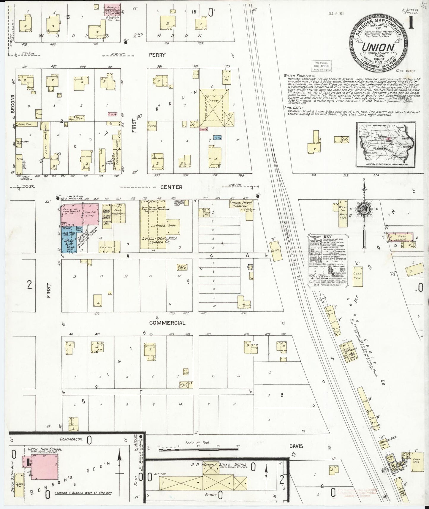Sanborn Fire Insurance Map from Union, Hardin County, Iowa (1921), Sheet #0001 - Historic Sanborn Fire Insurance Map Print