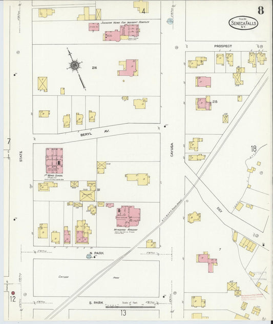 Sanborn Fire Insurance Map from Seneca Falls, Seneca County, New York (1911), Sheet #0008 - Historic Sanborn Fire Insurance Map Print, vintage old map wall art, antique decor, genealogy gift, New York New York map