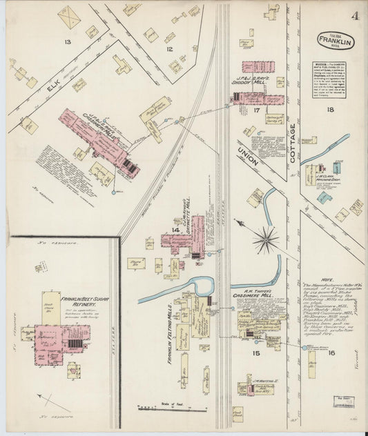 Sanborn Fire Insurance Map from Franklin, Norfolk County, Massachusetts (1884), Sheet #0004 - Historic Sanborn Fire Insurance Map Print, vintage old map wall art, antique decor, genealogy gift, Massachusetts Massachusetts map