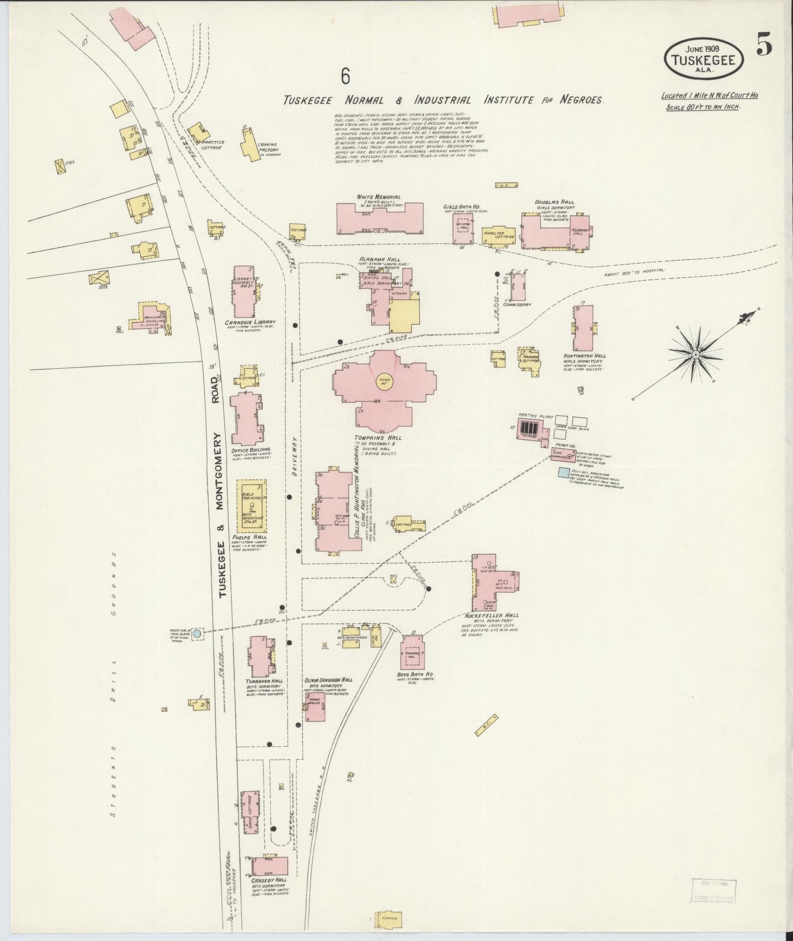 Sanborn Fire Insurance Map from Tuskegee, Macon County, Alabama (1909), Sheet #0005 - Complete Map Set gallery image, historic Sanborn map, vintage wall art, Alabama Alabama