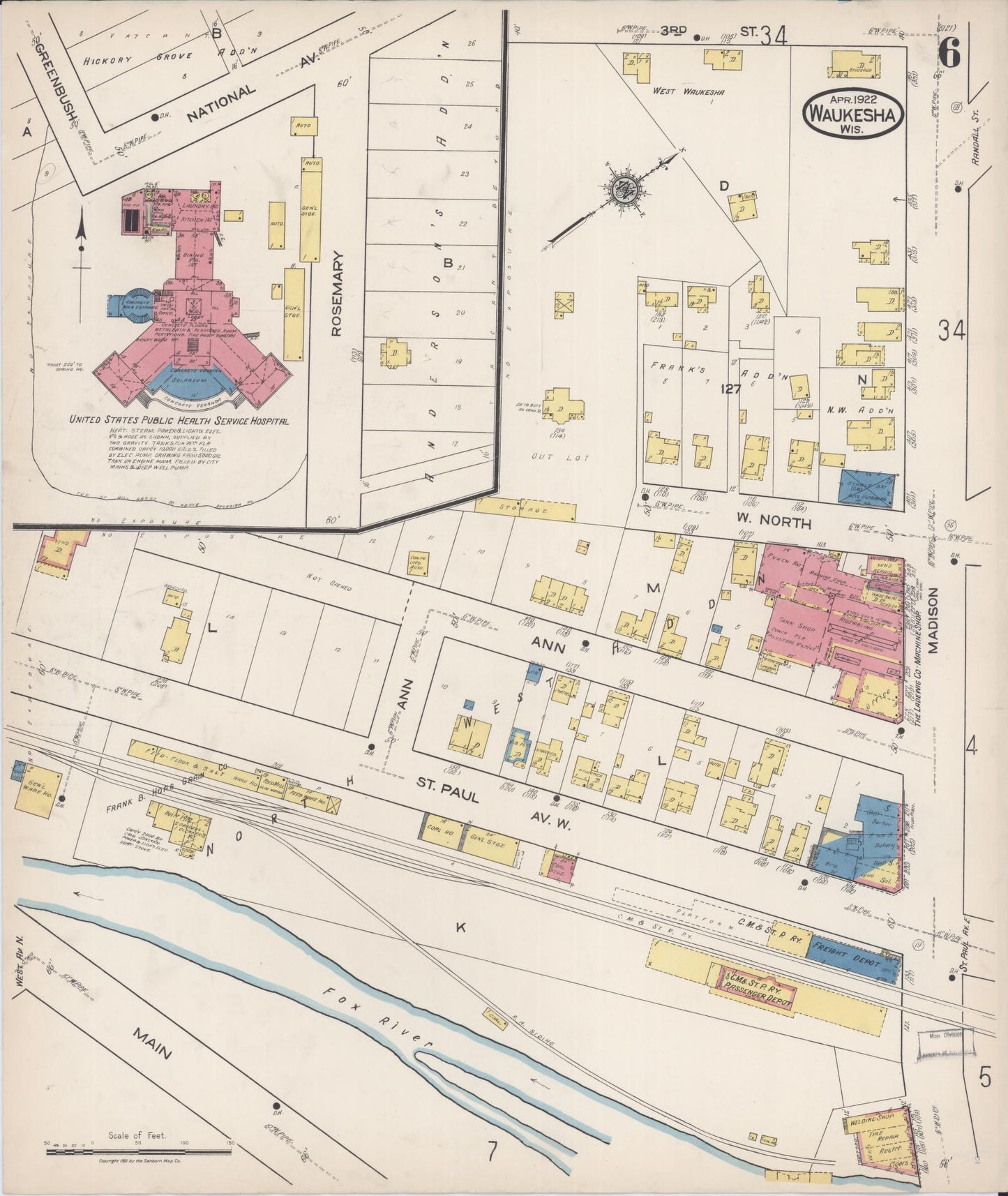 Sanborn Fire Insurance Map from Waukesha, Waukesha County, Wisconsin (1922), Sheet #0006 - Historic Sanborn Fire Insurance Map Print, vintage old map wall art, antique decor, genealogy gift, Wisconsin Wisconsin map