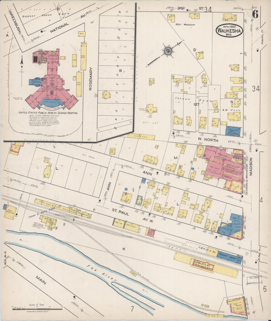 Sanborn Fire Insurance Map from Waukesha, Waukesha County, Wisconsin (1922), Sheet #0006 - Historic Sanborn Fire Insurance Map Print, vintage old map wall art, antique decor, genealogy gift, Wisconsin Wisconsin map