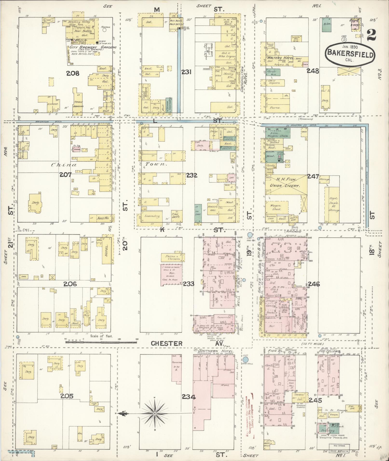 Sanborn Fire Insurance Map from Bakersfield, Kern County, California (1890), Sheet #0002 - Historic Sanborn Fire Insurance Map Print, vintage old map wall art, antique decor, genealogy gift, California California map