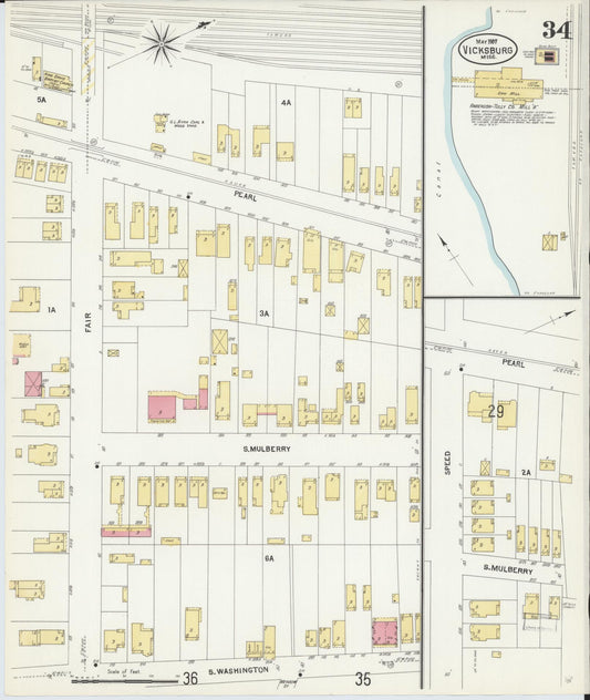 Sanborn Fire Insurance Map from Vicksburg, Warren County, Mississippi (1907), Sheet #0034 - Historic Sanborn Fire Insurance Map Print, vintage old map wall art, antique decor, genealogy gift, Mississippi Mississippi map
