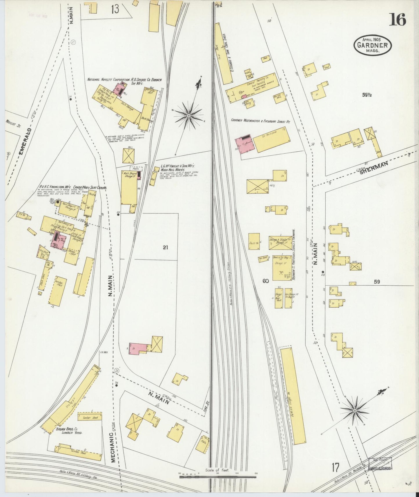 Sanborn Fire Insurance Map from Gardner, Worcester County, Massachusetts (1905), Sheet #0016 - Historic Sanborn Fire Insurance Map Print, vintage old map wall art, antique decor, genealogy gift, Massachusetts Massachusetts map