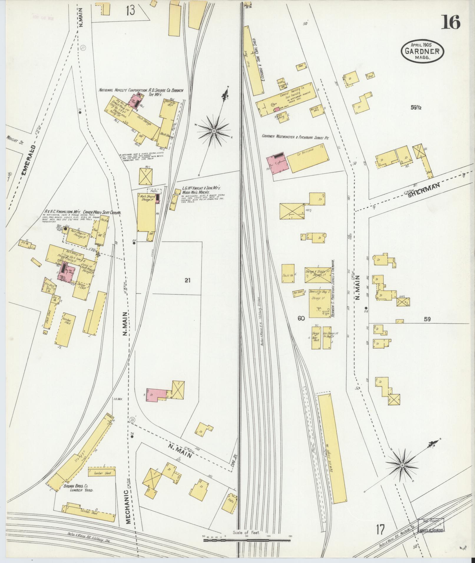 Sanborn Fire Insurance Map from Gardner, Worcester County, Massachusetts (1905), Sheet #0016 - Historic Sanborn Fire Insurance Map Print, vintage old map wall art, antique decor, genealogy gift, Massachusetts Massachusetts map