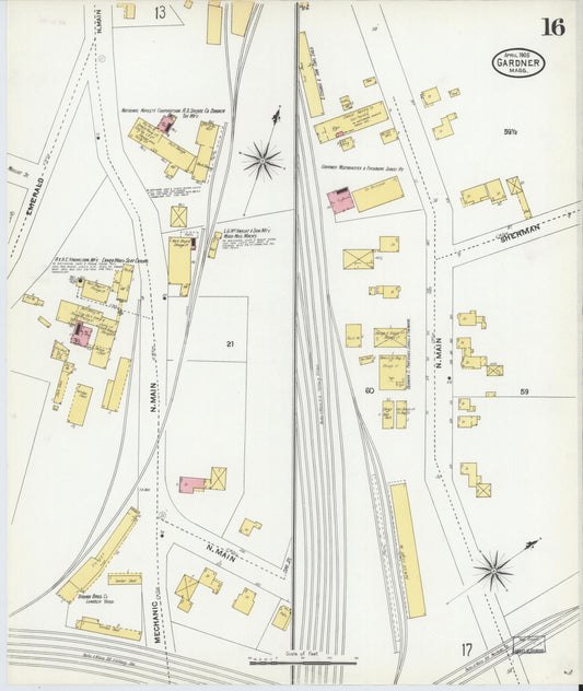 Sanborn Fire Insurance Map from Gardner, Worcester County, Massachusetts (1905), Sheet #0016 - Historic Sanborn Fire Insurance Map Print, vintage old map wall art, antique decor, genealogy gift, Massachusetts Massachusetts map
