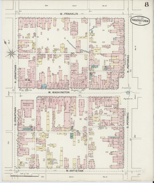 Sanborn Fire Insurance Map from Hagerstown, Washington County, Maryland (1887), Sheet #0008 - Historic Sanborn Fire Insurance Map Print, vintage old map wall art, antique decor, genealogy gift, Maryland Maryland map