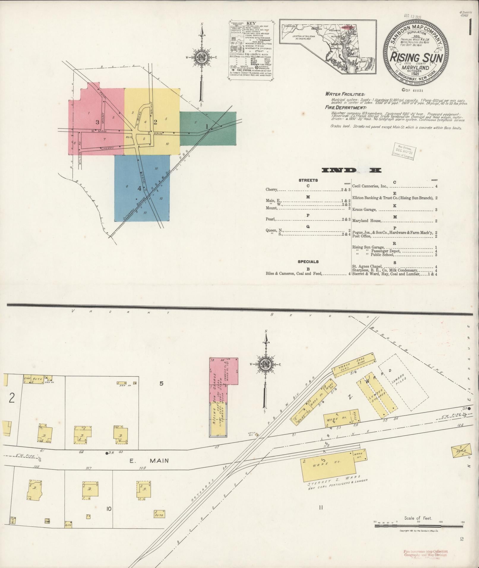 Sanborn Fire Insurance Map from Rising Sun, Cecil County, Maryland (1921), Sheet #0001 - Historic Sanborn Fire Insurance Map Print, vintage old map wall art, antique decor, genealogy gift, Maryland Maryland map
