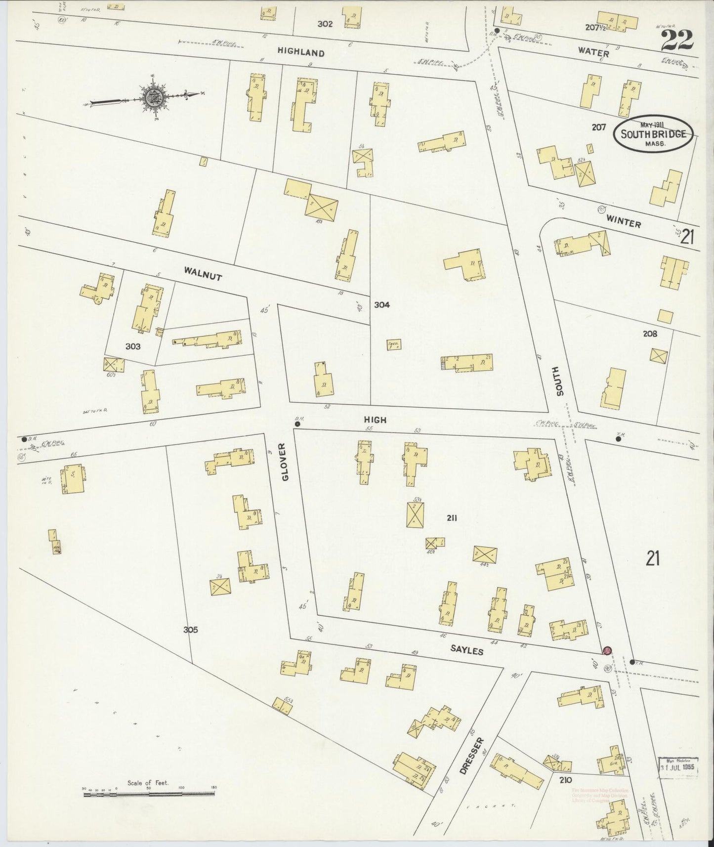 Sanborn Fire Insurance Map from Southbridge, Worcester County, Massachusetts (1911), Sheet #0022 - Historic Sanborn Fire Insurance Map Print, vintage old map wall art, antique decor, genealogy gift, Massachusetts Massachusetts map