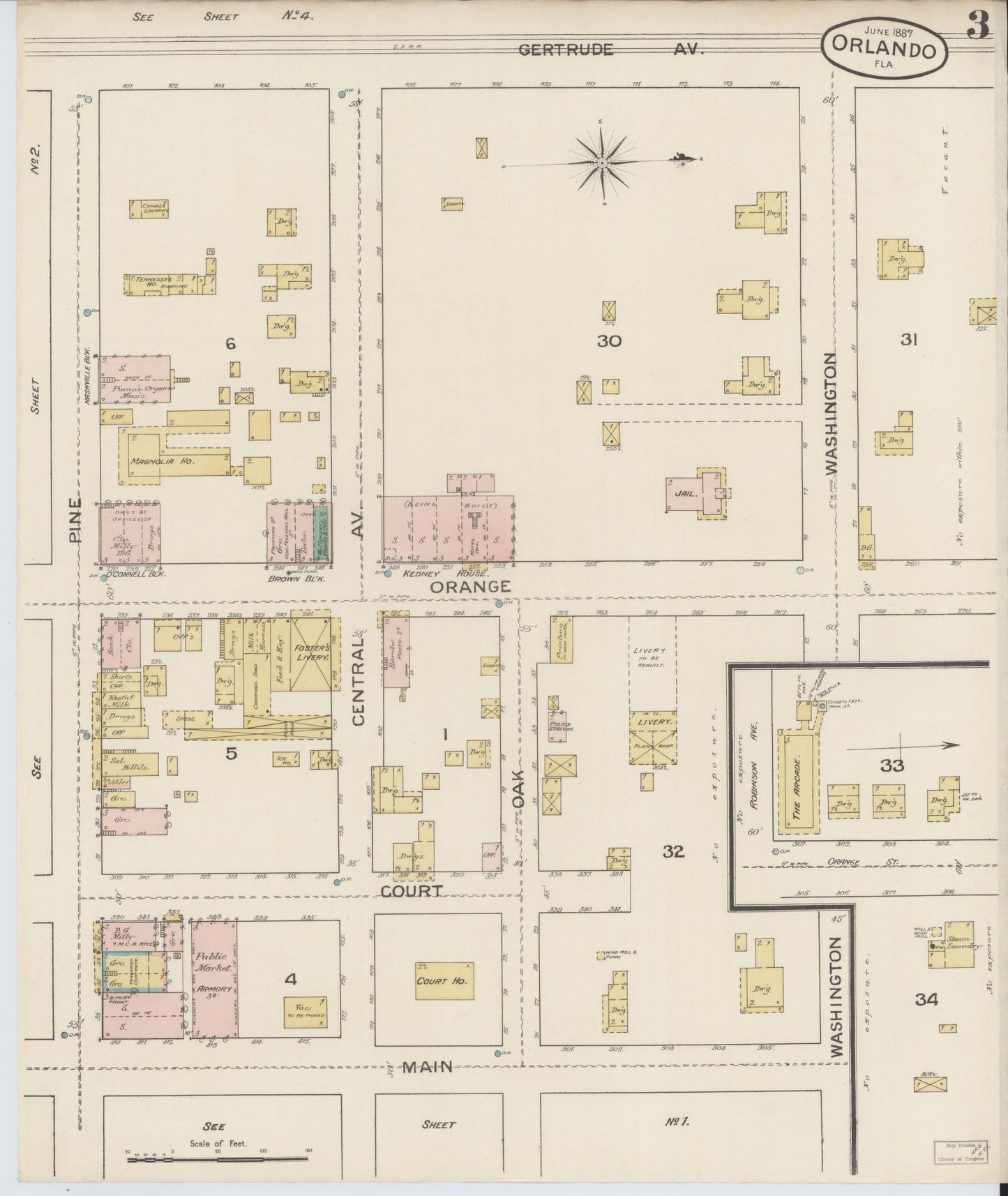 Sanborn Fire Insurance Map from Orlando, Orange County, Florida (1887), Sheet #0003 - Complete Map Set gallery image, historic Sanborn map, vintage wall art, Florida Florida
