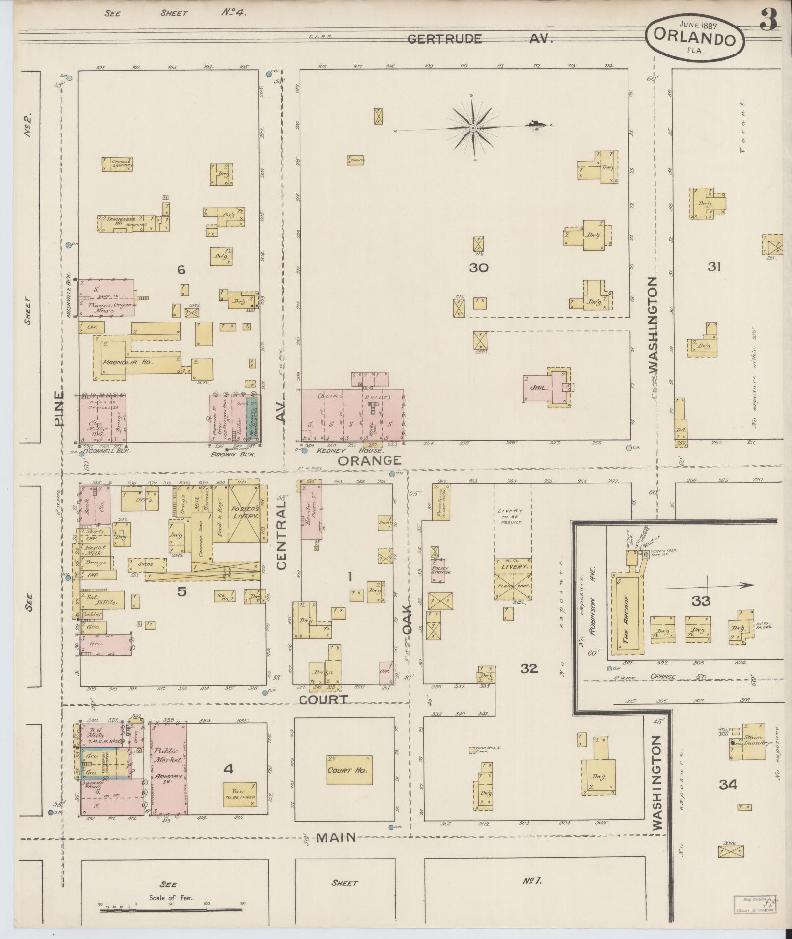 Sanborn Fire Insurance Map from Orlando, Orange County, Florida (1887), Sheet #0003 - Complete Map Set gallery image, historic Sanborn map, vintage wall art, Florida Florida