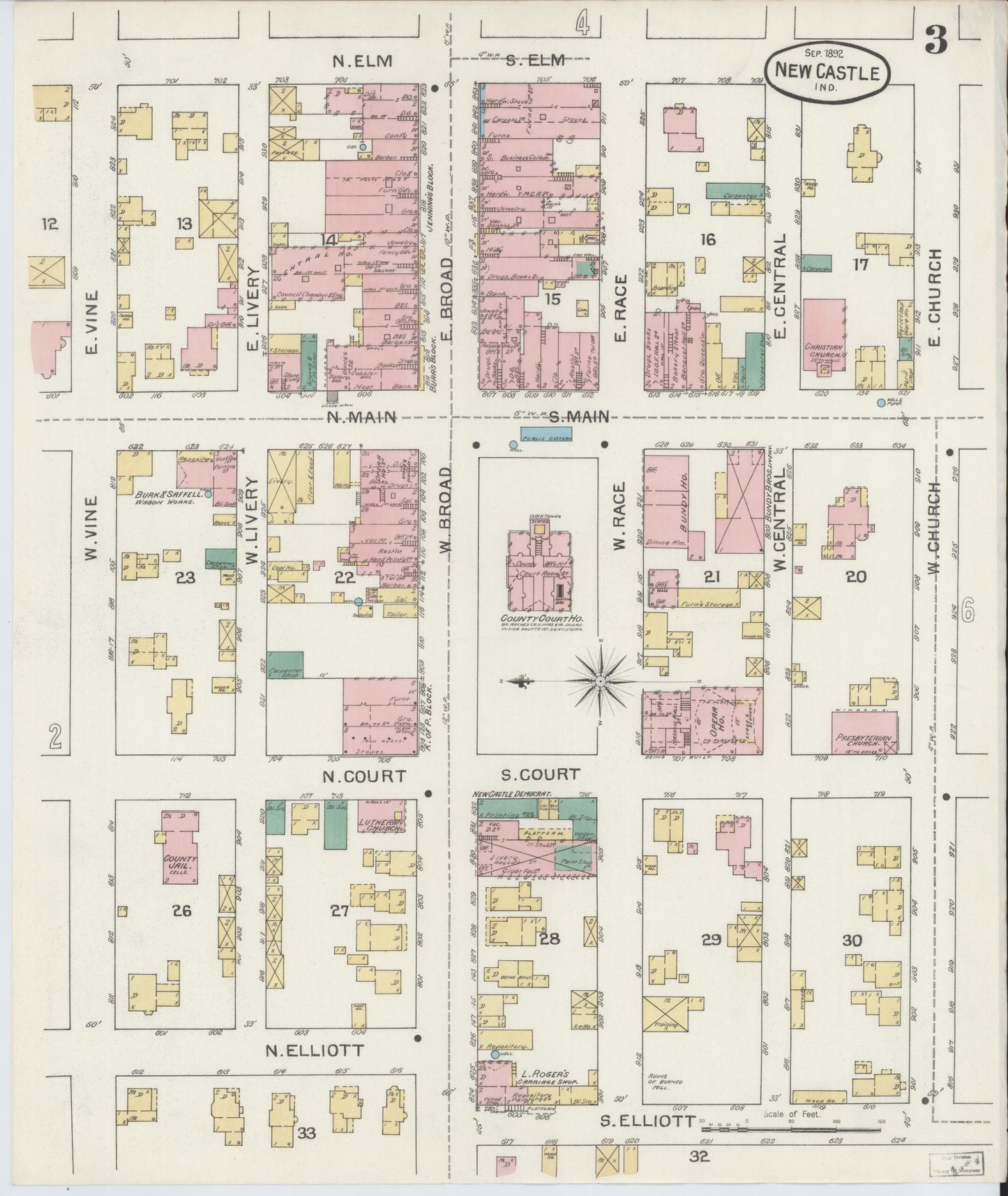 Sanborn Fire Insurance Map from New Castle, Henry County, Indiana (1892), Sheet #0003 - Historic Sanborn Fire Insurance Map Print, vintage old map wall art, antique decor, genealogy gift, Indiana Indiana map