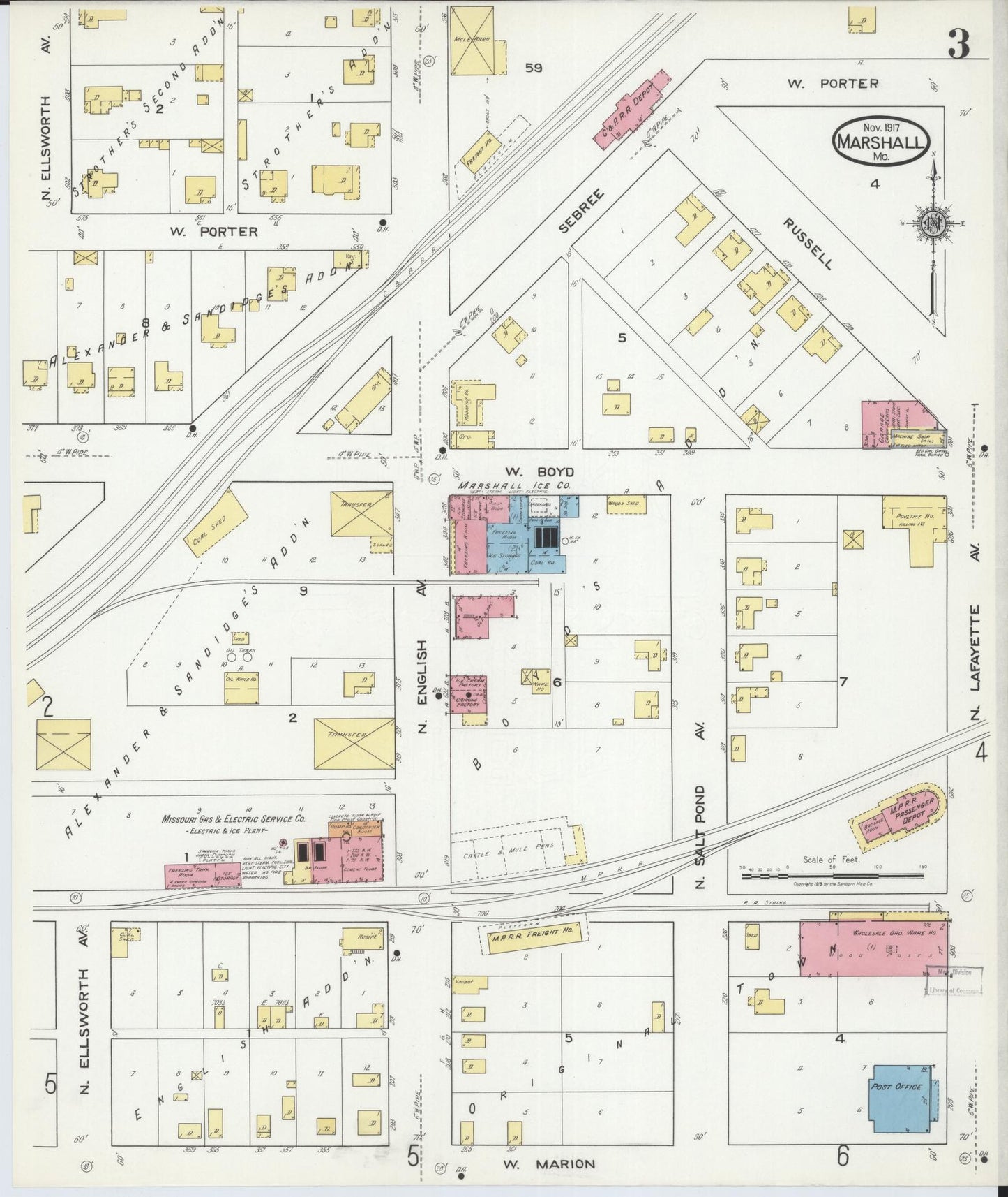 Sanborn Fire Insurance Map from Marshall, Saline County, Missouri (1917), Sheet #0003 - Complete Map Set gallery image, historic Sanborn map, vintage wall art, Missouri Missouri