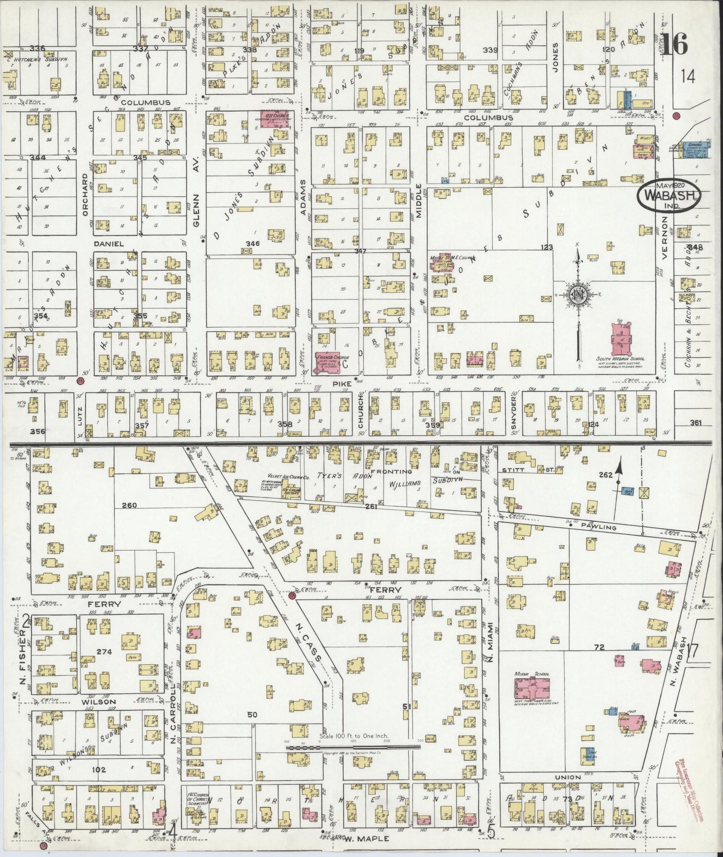 Sanborn Fire Insurance Map from Wabash, Wabash County, Indiana (1920), Sheet #0016 - Historic Sanborn Fire Insurance Map Print, vintage old map wall art, antique decor, genealogy gift, Indiana Indiana map
