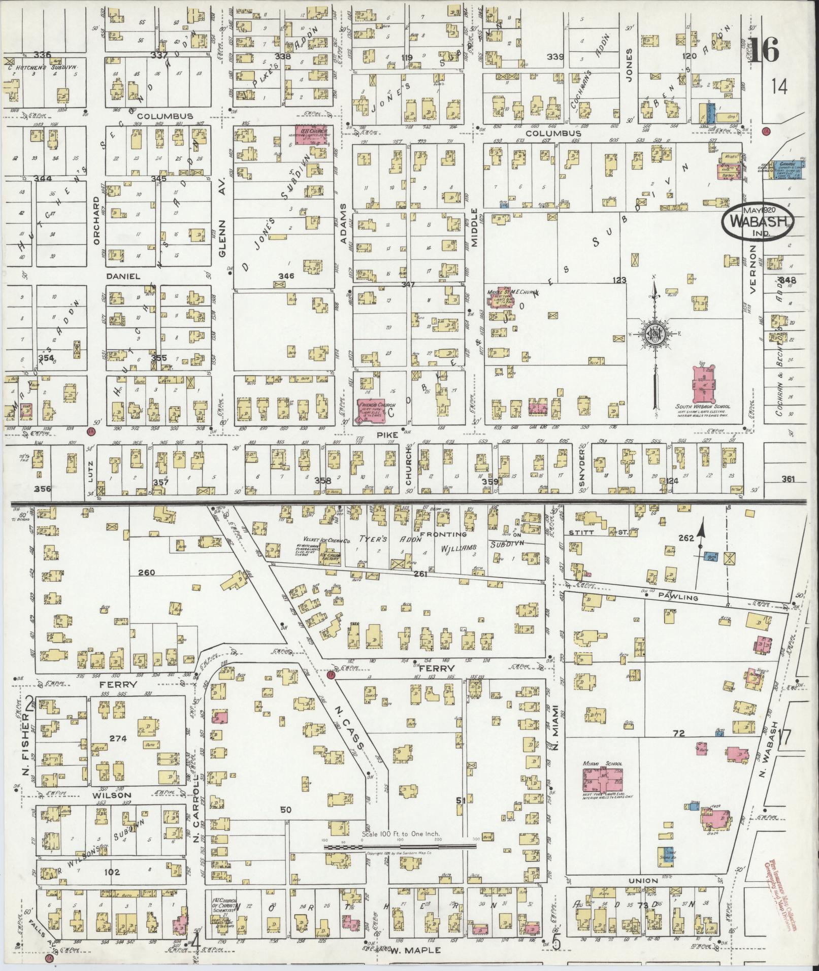 Sanborn Fire Insurance Map from Wabash, Wabash County, Indiana (1920), Sheet #0016 - Historic Sanborn Fire Insurance Map Print, vintage old map wall art, antique decor, genealogy gift, Indiana Indiana map
