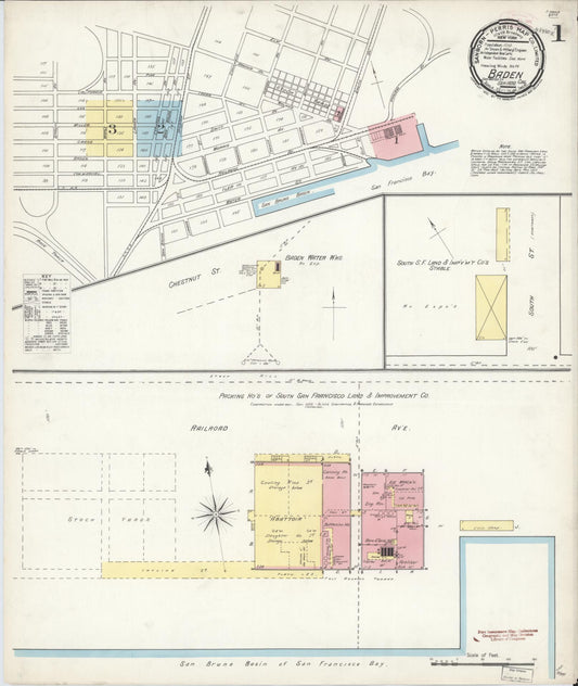 Sanborn Fire Insurance Map from Baden, San Mateo County, California (1892), Sheet #0001 - Historic Sanborn Fire Insurance Map Print, vintage old map wall art, antique decor, genealogy gift, California California map