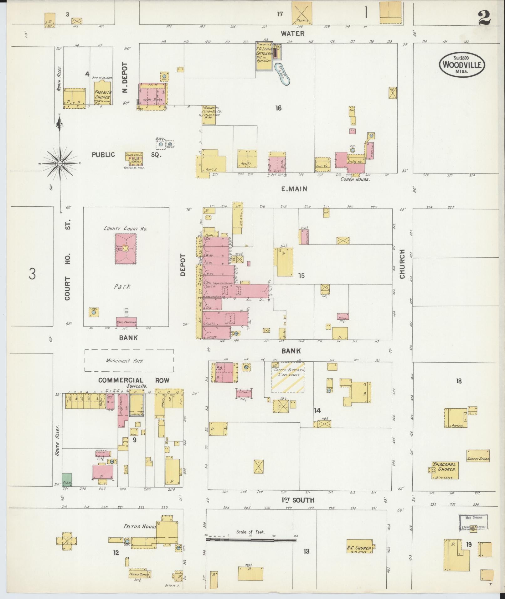 Sanborn Fire Insurance Map from Woodville, Wilkinson County, Mississippi (1899), Sheet #0002 - Historic Sanborn Fire Insurance Map Print, vintage old map wall art, antique decor, genealogy gift, Mississippi Mississippi map