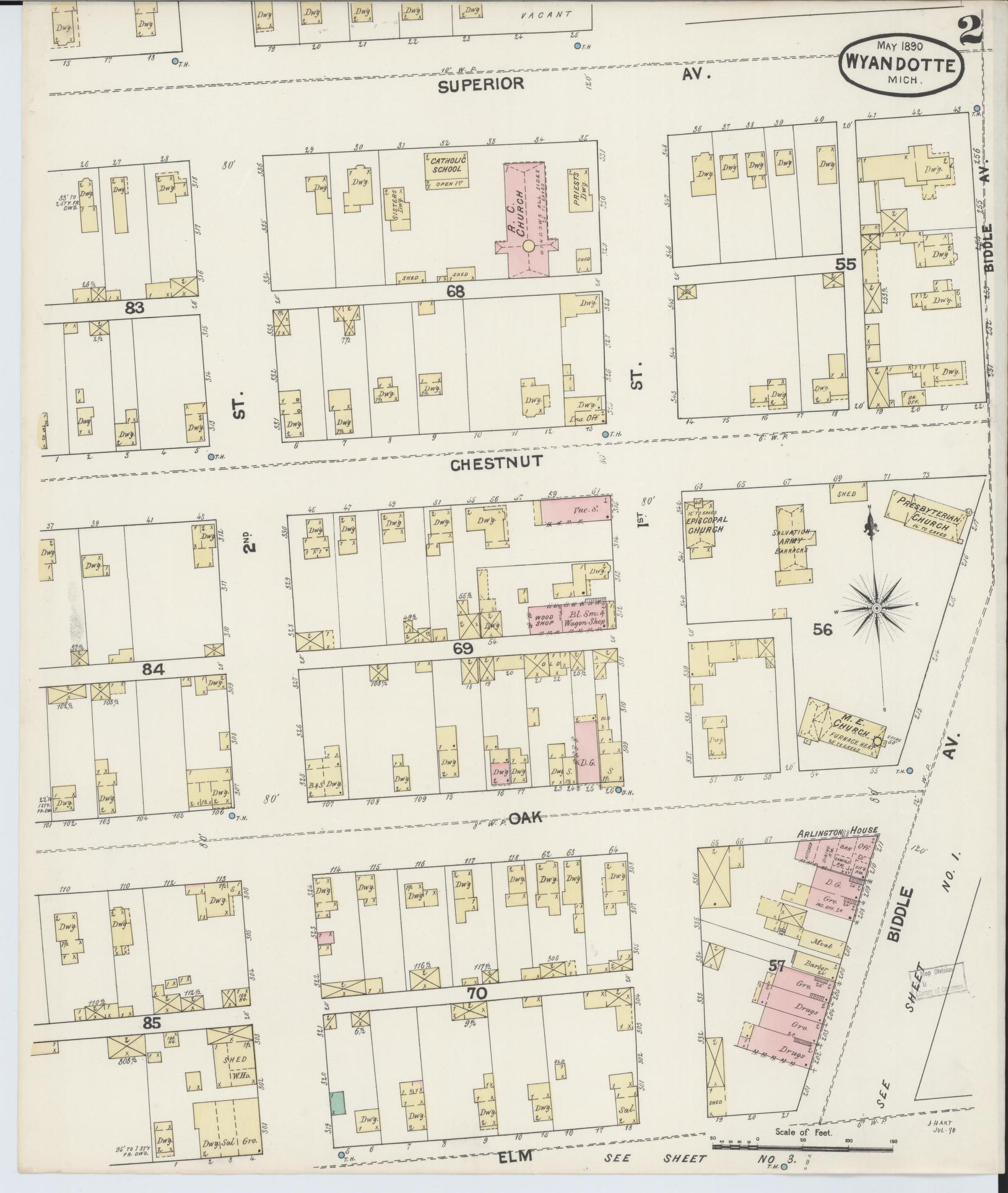 Sanborn Fire Insurance Map from Wyandotte, Wayne County, Michigan (1890), Sheet #0002 - Historic Sanborn Fire Insurance Map Print, vintage old map wall art, antique decor, genealogy gift, Michigan Michigan map