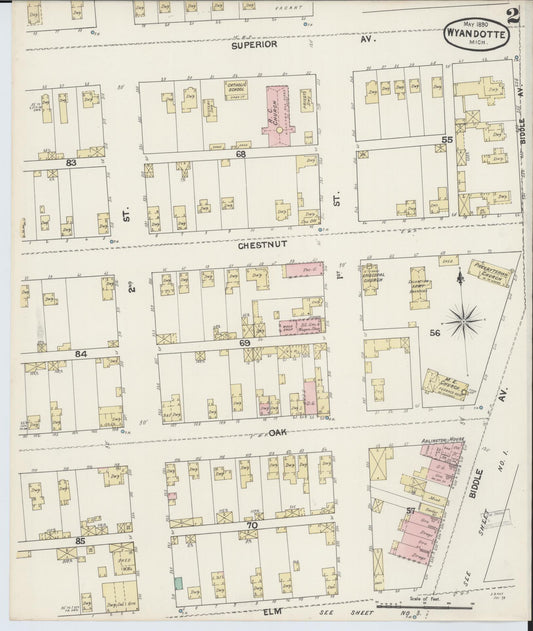 Sanborn Fire Insurance Map from Wyandotte, Wayne County, Michigan (1890), Sheet #0002 - Historic Sanborn Fire Insurance Map Print, vintage old map wall art, antique decor, genealogy gift, Michigan Michigan map