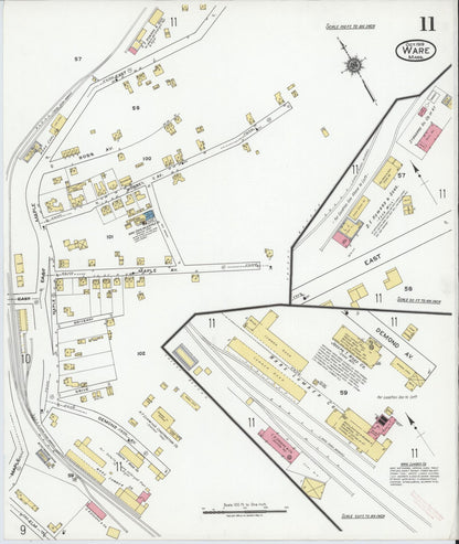 Sanborn Fire Insurance Map from Ware, Hampshire County, Massachusetts (1919), Sheet #0011 - Historic Sanborn Fire Insurance Map Print, vintage old map wall art, antique decor, genealogy gift, Massachusetts Massachusetts map