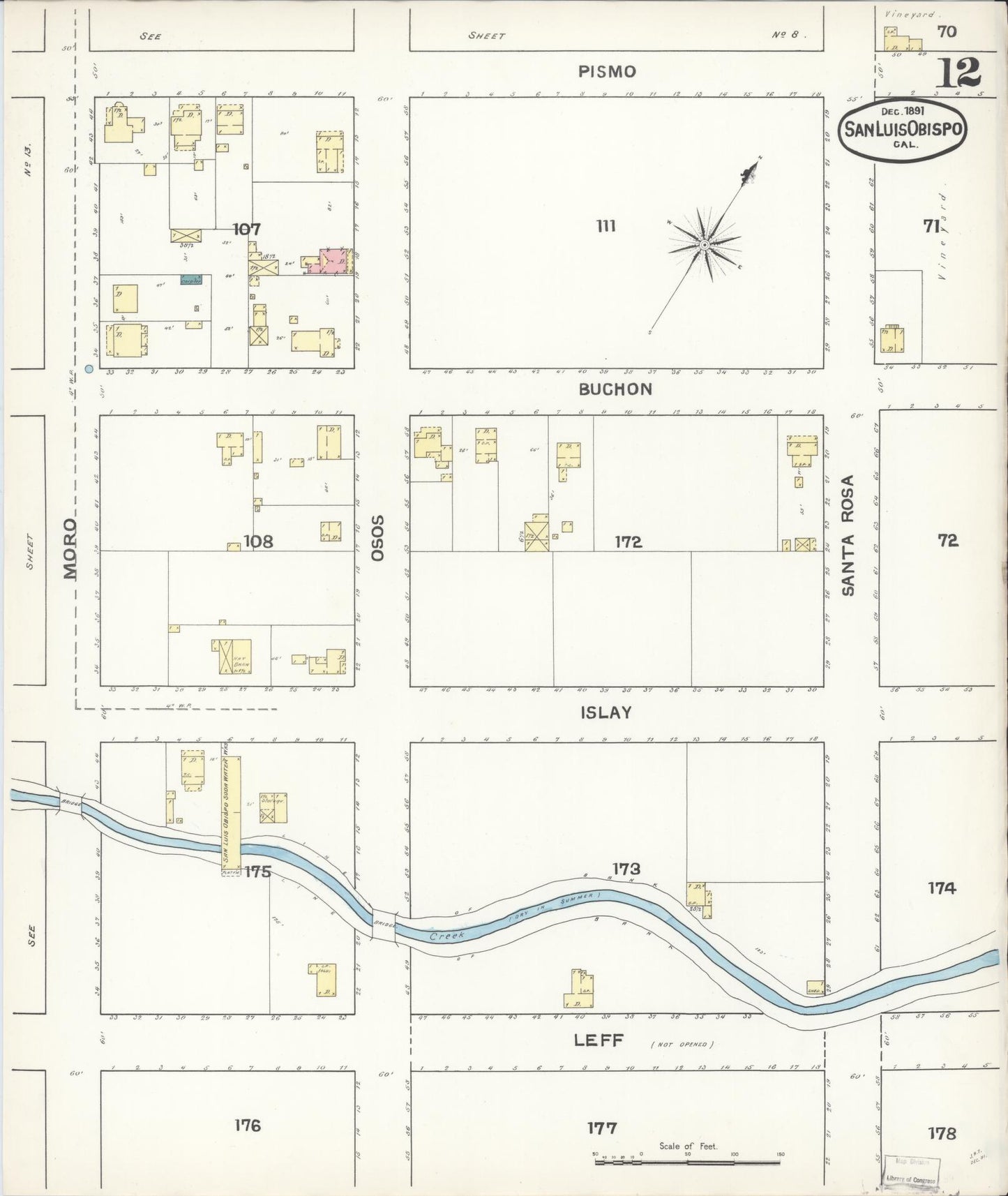 Sanborn Fire Insurance Map from San Luis Obispo, San Luis Obispo County, California (1891), Sheet #0012 - Complete Map Set gallery image, historic Sanborn map, vintage wall art, California California