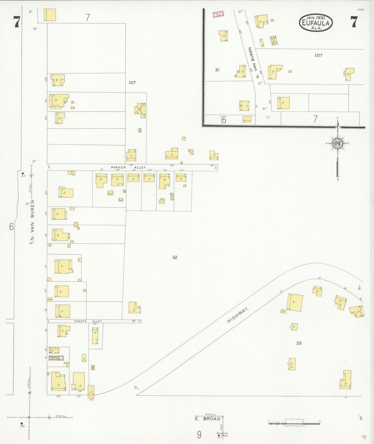 Sanborn Fire Insurance Map from Eufaula, Barbour County, Alabama (1930), Sheet #0007 - Historic Sanborn Fire Insurance Map Print, vintage old map wall art, antique decor, genealogy gift, Alabama Alabama map