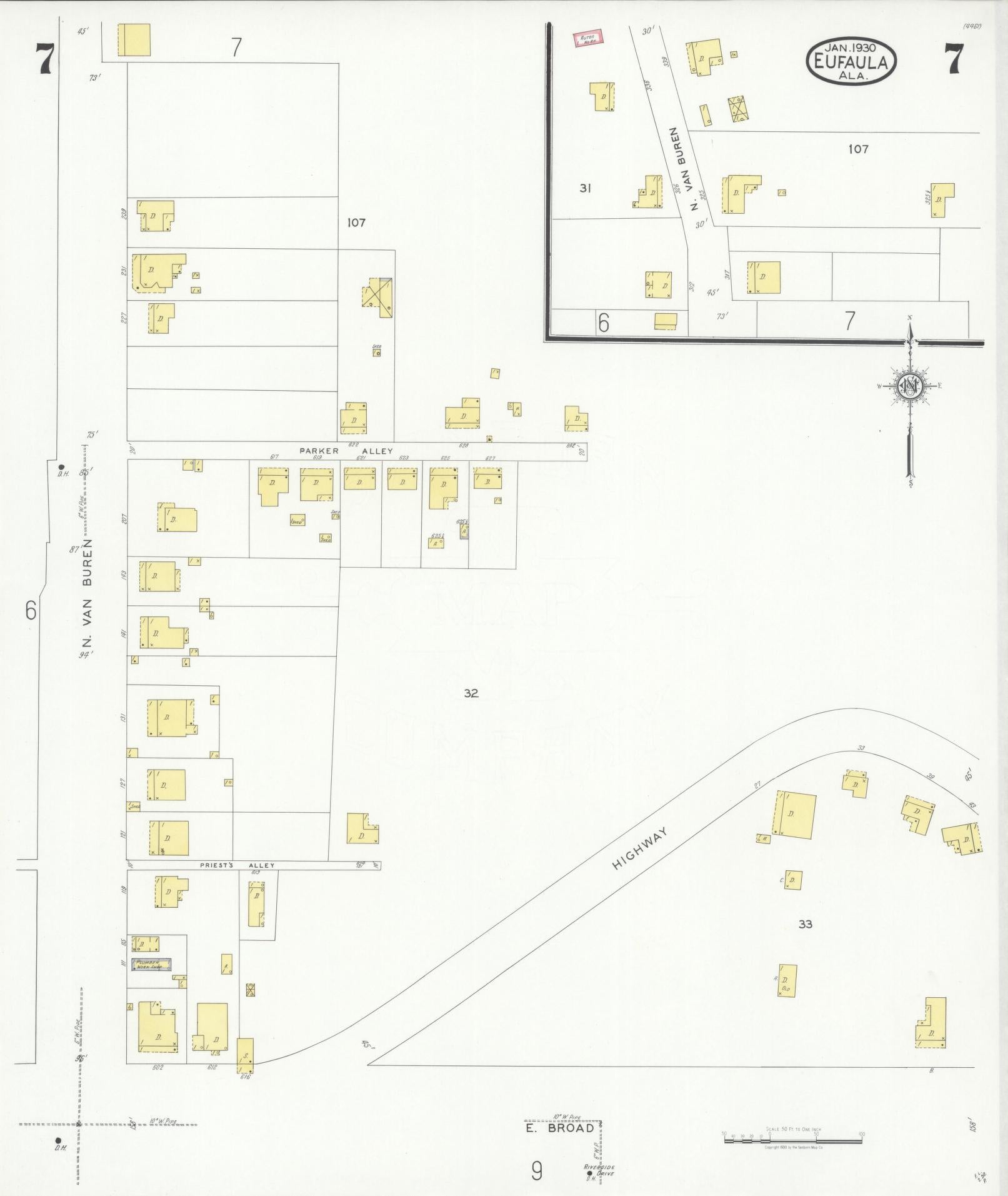 Sanborn Fire Insurance Map from Eufaula, Barbour County, Alabama (1930), Sheet #0007 - Historic Sanborn Fire Insurance Map Print, vintage old map wall art, antique decor, genealogy gift, Alabama Alabama map