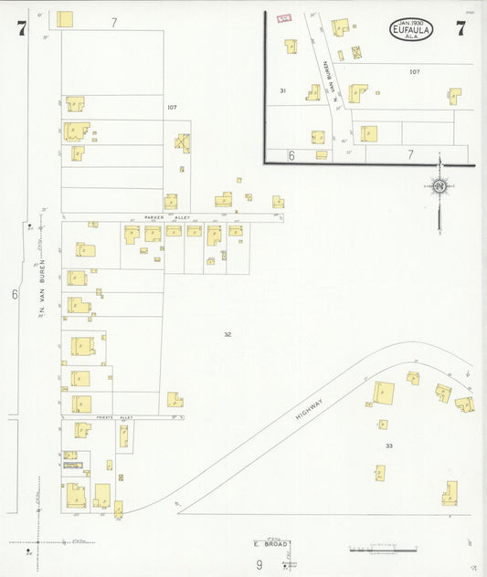 Sanborn Fire Insurance Map from Eufaula, Barbour County, Alabama (1930), Sheet #0007 - Historic Sanborn Fire Insurance Map Print, vintage old map wall art, antique decor, genealogy gift, Alabama Alabama map