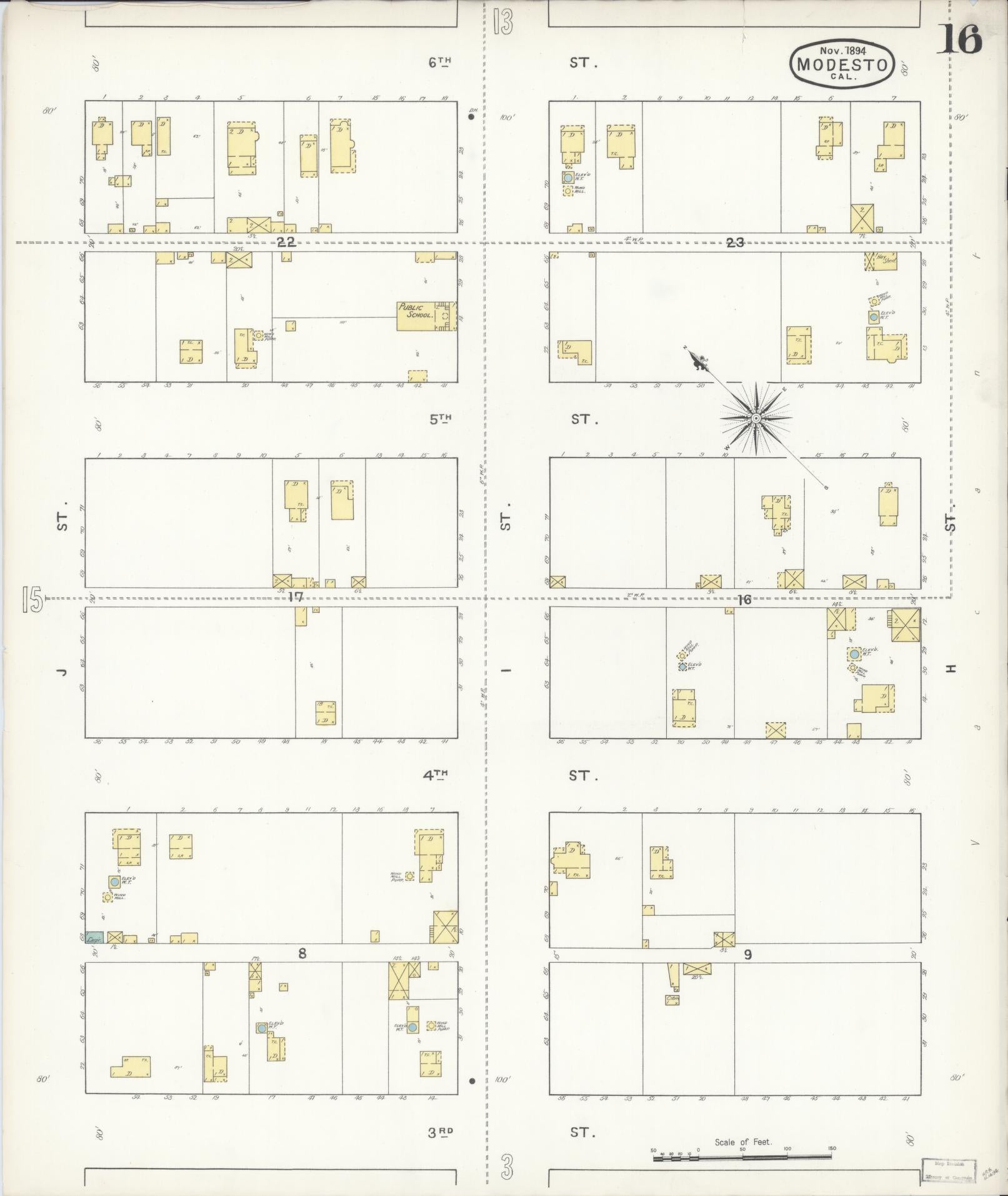 Sanborn Fire Insurance Map from Modesto, Stanislaus County, California (1894), Sheet #0016 - Historic Sanborn Fire Insurance Map Print, vintage old map wall art, antique decor, genealogy gift, California California map