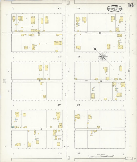Sanborn Fire Insurance Map from Modesto, Stanislaus County, California (1894), Sheet #0016 - Historic Sanborn Fire Insurance Map Print, vintage old map wall art, antique decor, genealogy gift, California California map