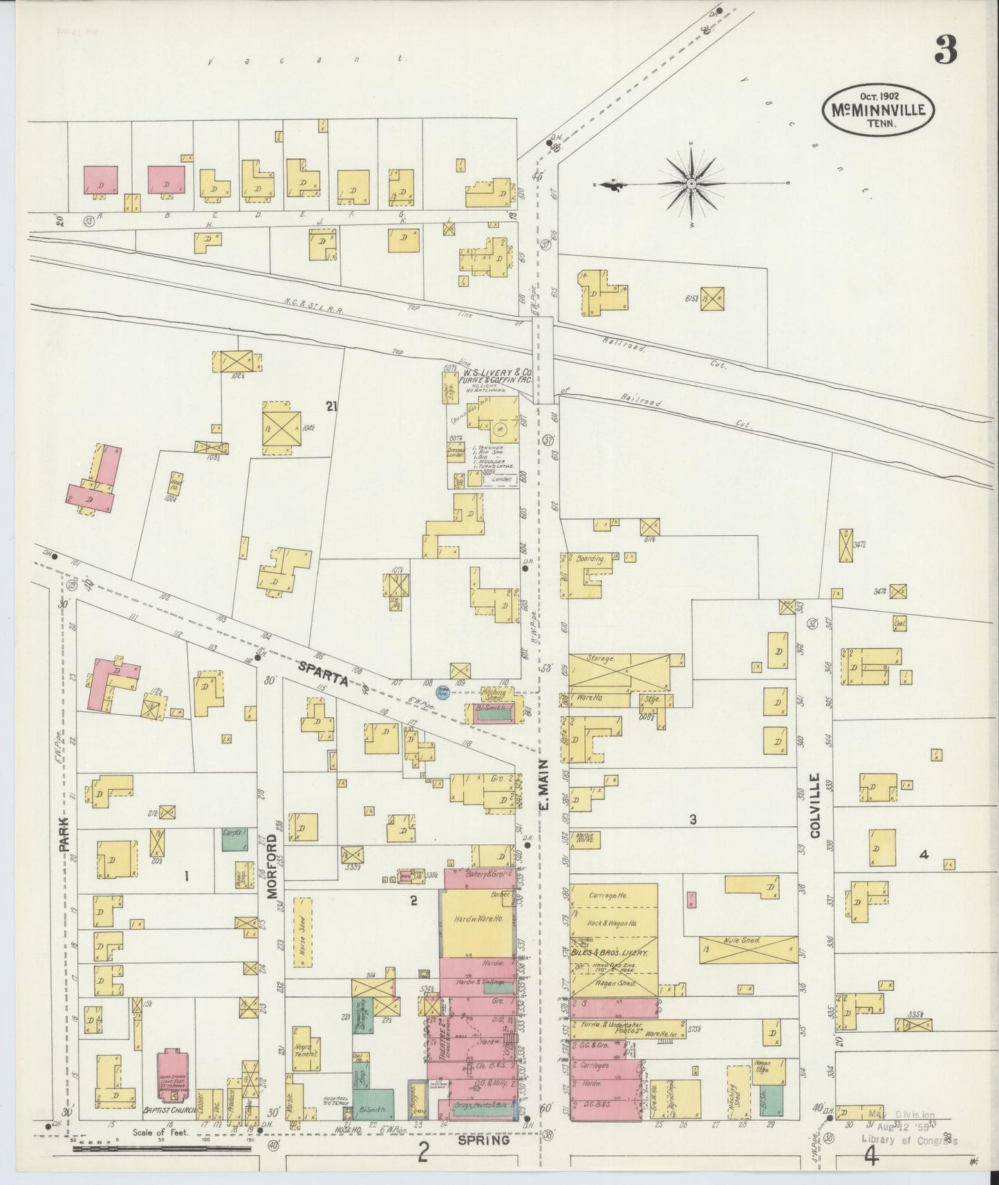 Sanborn Fire Insurance Map from McMinnville, Warren County, Tennessee (1902), Sheet #0003 - Complete Map Set gallery image, historic Sanborn map, vintage wall art, Tennessee Tennessee