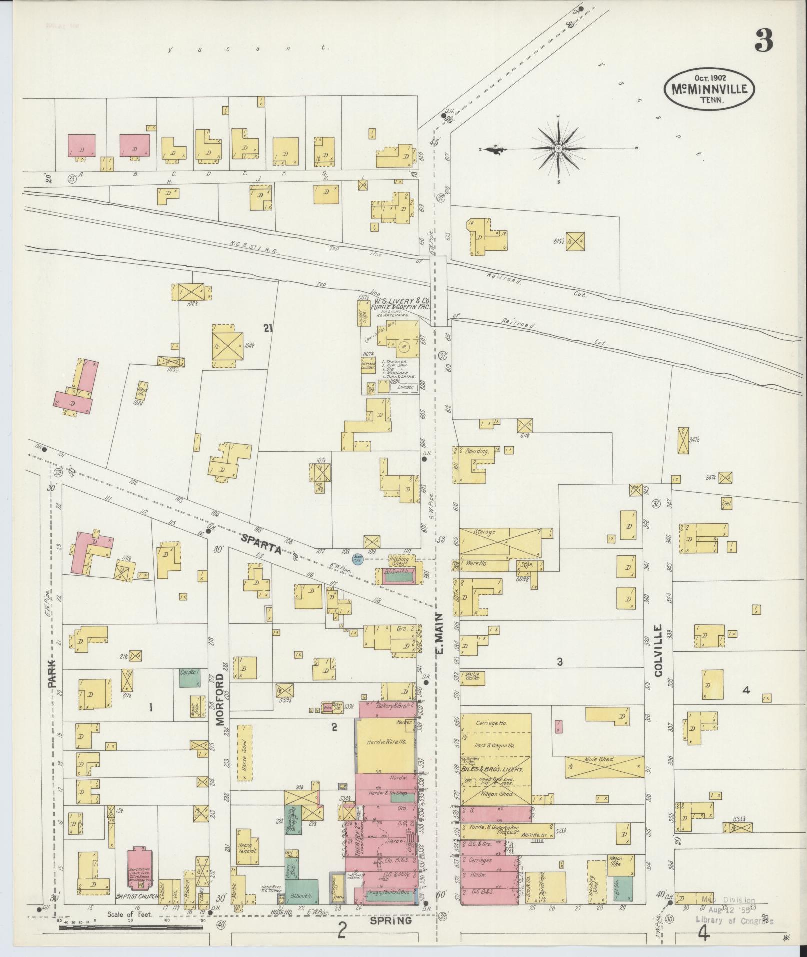 Sanborn Fire Insurance Map from McMinnville, Warren County, Tennessee (1902), Sheet #0003 - Complete Map Set gallery image, historic Sanborn map, vintage wall art, Tennessee Tennessee