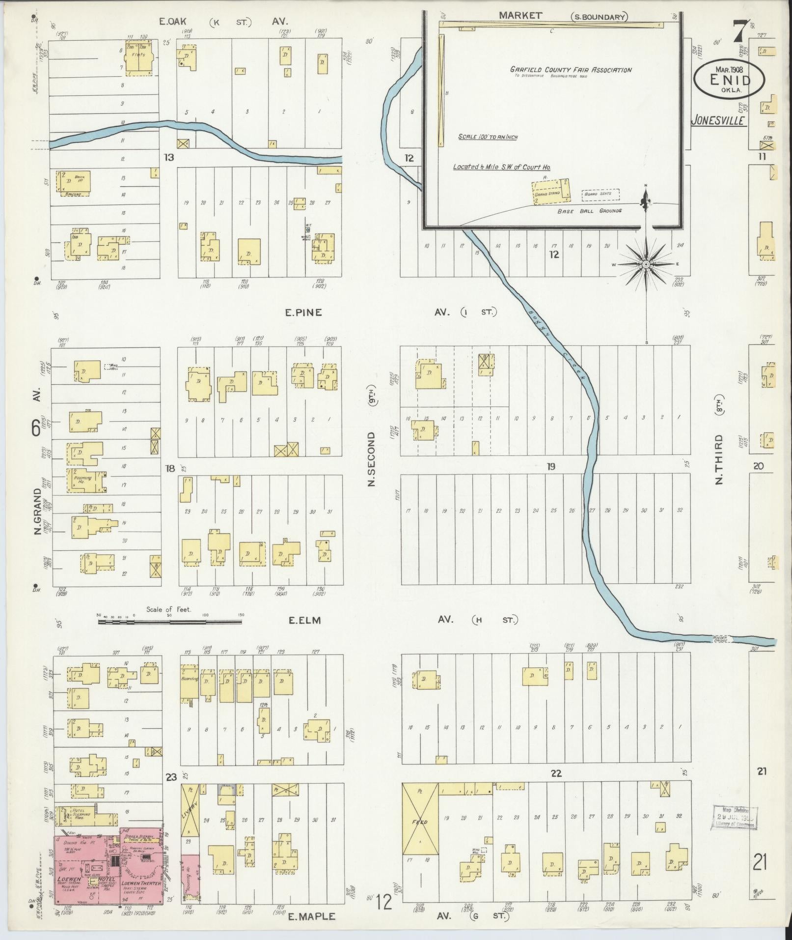 Sanborn Fire Insurance Map from Enid, Garfield County, Oklahoma (1908), Sheet #0007 - Historic Sanborn Fire Insurance Map Print, vintage old map wall art, antique decor, genealogy gift, Oklahoma Oklahoma map