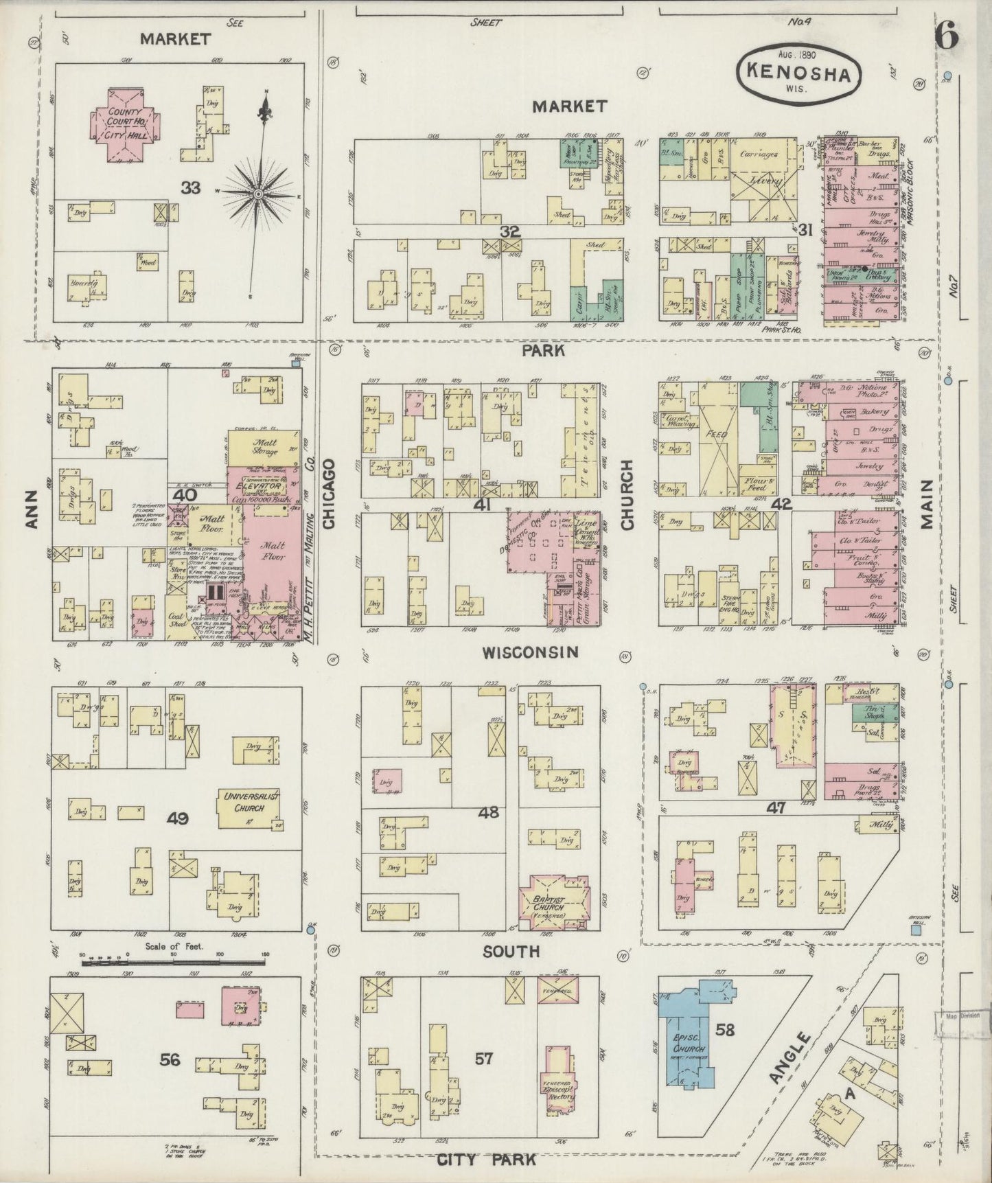 Sanborn Fire Insurance Map from Kenosha, Kenosha County, Wisconsin (1890), Sheet #0006 - Historic Sanborn Fire Insurance Map Print, vintage old map wall art, antique decor, genealogy gift, Wisconsin Wisconsin map