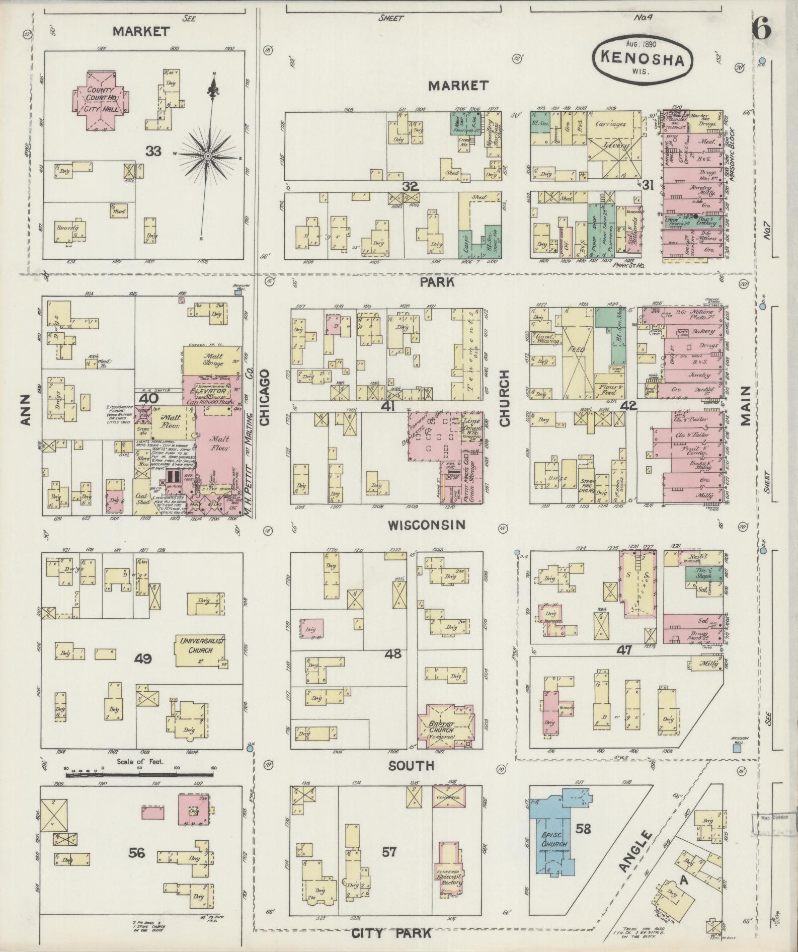 Sanborn Fire Insurance Map from Kenosha, Kenosha County, Wisconsin (1890), Sheet #0006 - Historic Sanborn Fire Insurance Map Print, vintage old map wall art, antique decor, genealogy gift, Wisconsin Wisconsin map