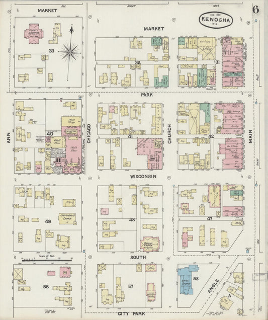 Sanborn Fire Insurance Map from Kenosha, Kenosha County, Wisconsin (1890), Sheet #0006 - Historic Sanborn Fire Insurance Map Print, vintage old map wall art, antique decor, genealogy gift, Wisconsin Wisconsin map