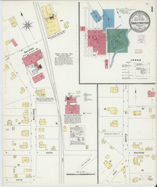 Sanborn Fire Insurance Map from Sweetwater, Monroe County, Tennessee (1907), Sheet #0001 - Historic Sanborn Fire Insurance Map Print, vintage old map wall art, antique decor, genealogy gift, Tennessee Tennessee map