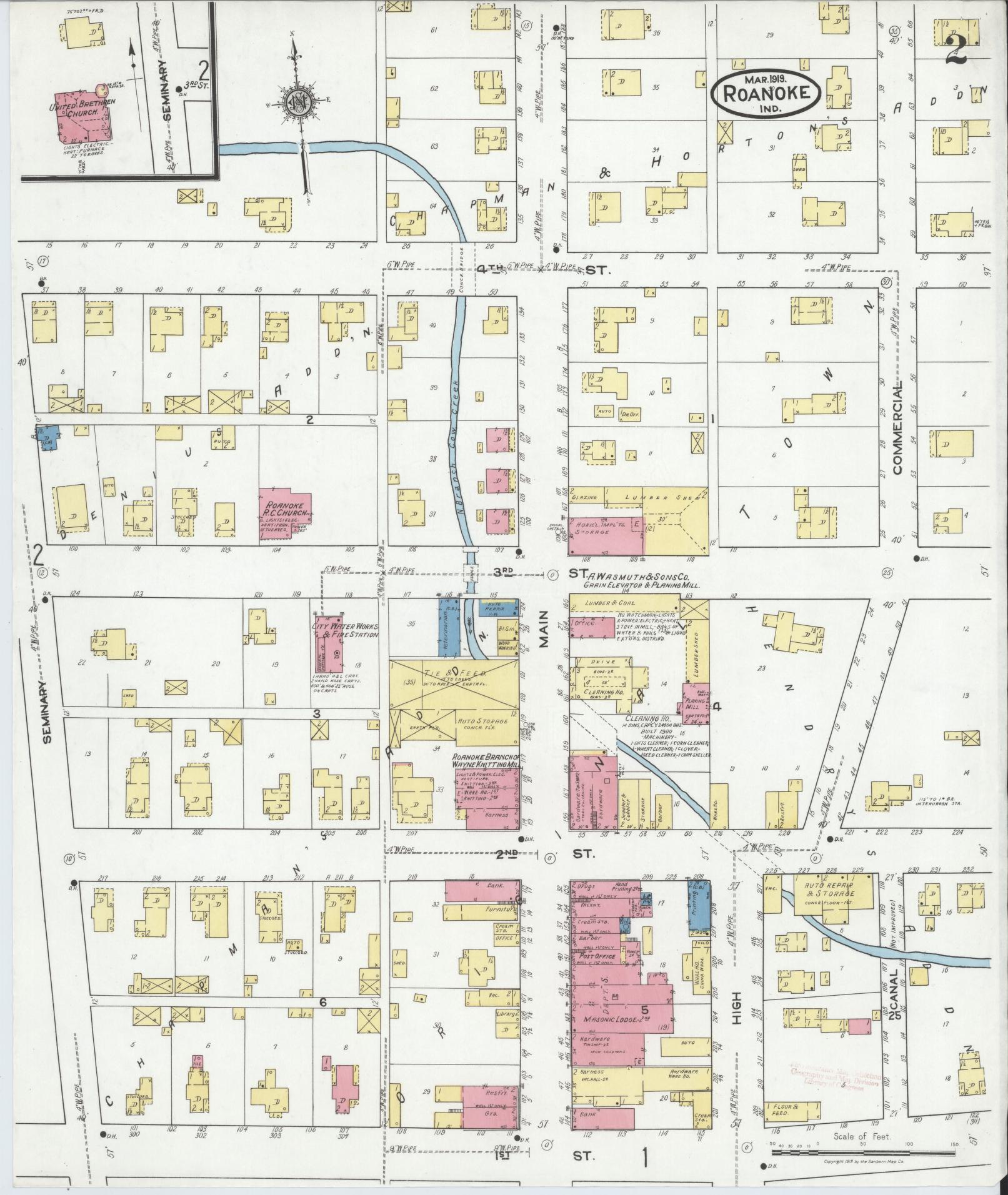 Sanborn Fire Insurance Map from Roanoke, Huntington County, Indiana (1919), Sheet #0002 - Complete Map Set gallery image, historic Sanborn map, vintage wall art, Indiana Indiana