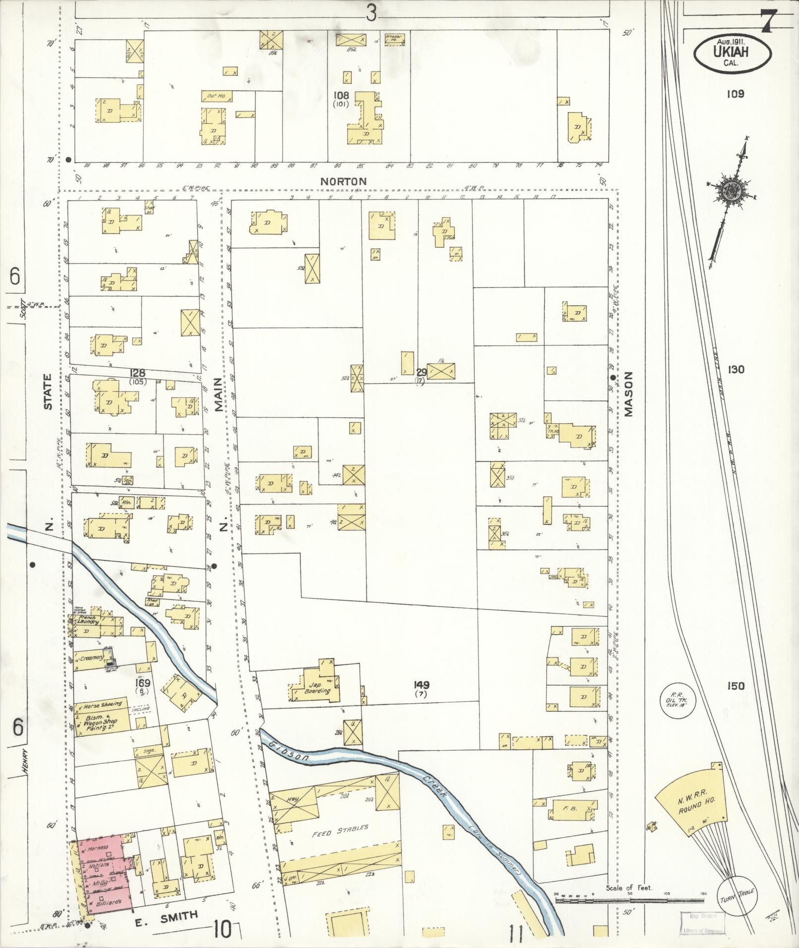 Sanborn Fire Insurance Map from Ukiah, Mendocino County, California (1911), Sheet #0007 - Complete Map Set gallery image, historic Sanborn map, vintage wall art, California California