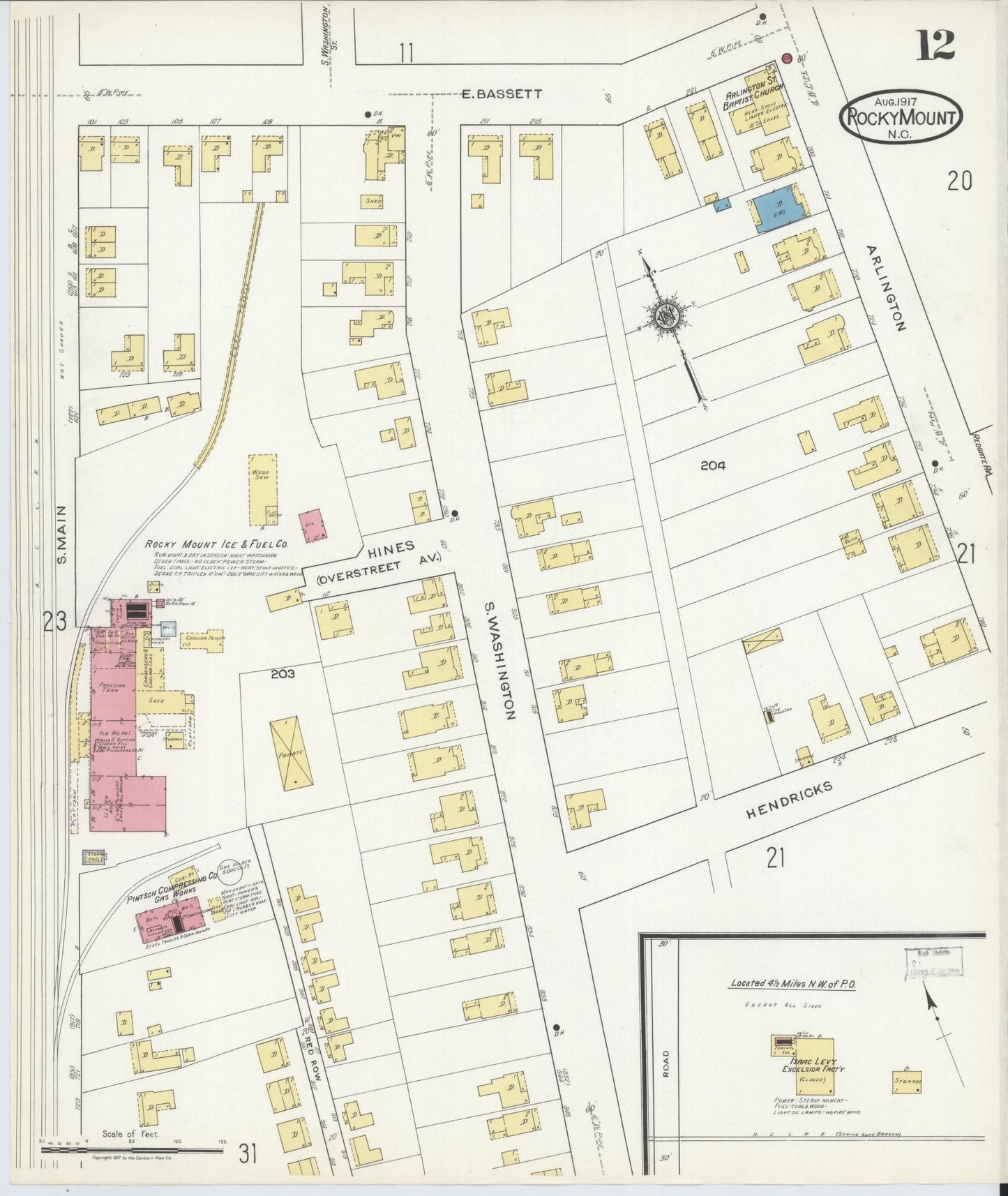 Sanborn Fire Insurance Map from Rocky Mount, Edgecombe And Nash Counties, North Carolina (1917), Sheet #0012 - Complete Map Set gallery image, historic Sanborn map, vintage wall art, North Carolina North Carolina