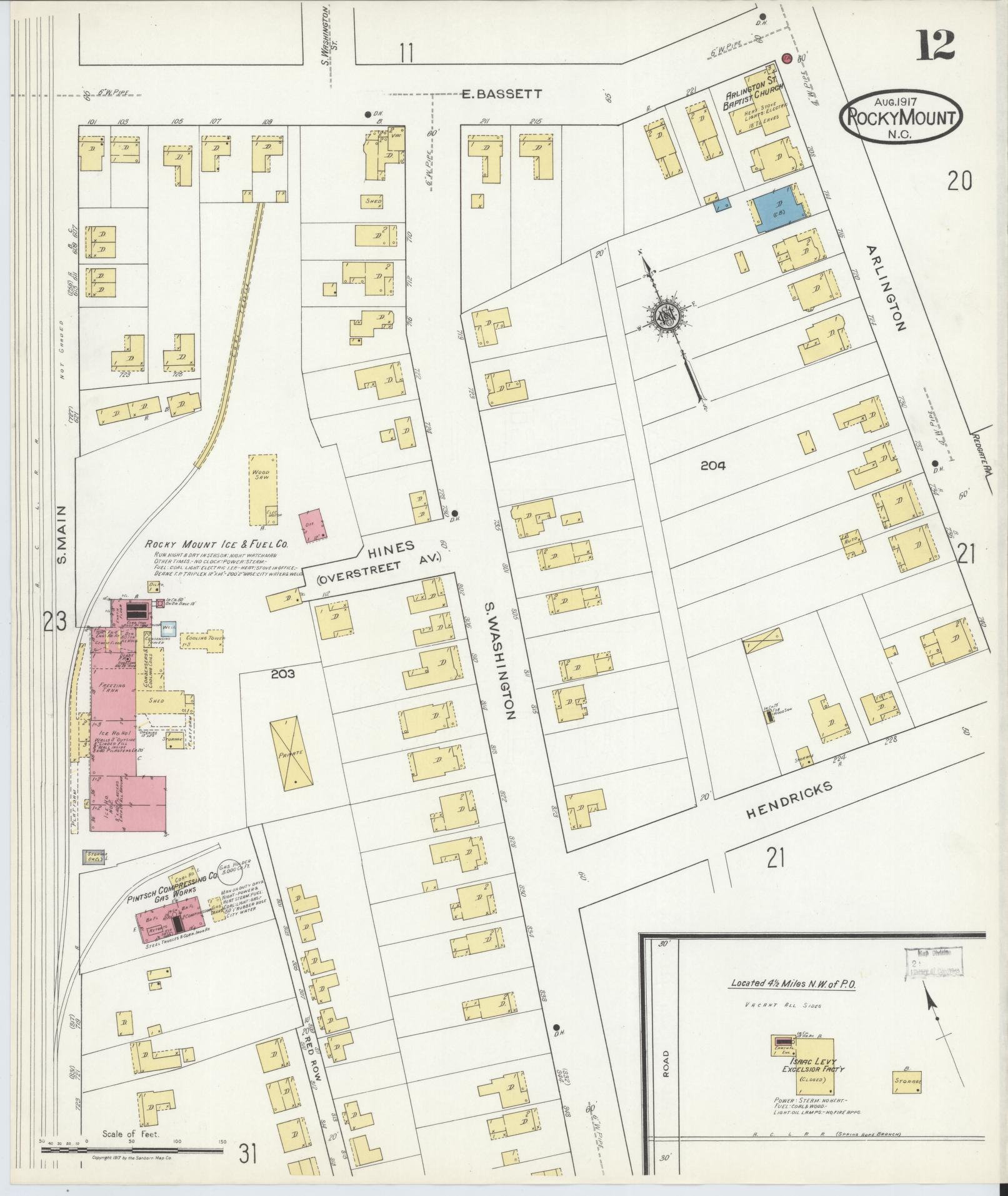Sanborn Fire Insurance Map from Rocky Mount, Edgecombe And Nash Counties, North Carolina (1917), Sheet #0012 - Complete Map Set gallery image, historic Sanborn map, vintage wall art, North Carolina North Carolina
