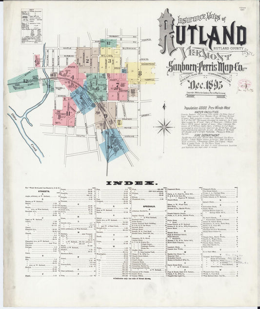 Sanborn Fire Insurance Map from Rutland, Rutland County, Vermont (1895), Sheet #0001 - Historic Sanborn Fire Insurance Map Print, vintage old map wall art, antique decor, genealogy gift, Vermont Vermont map