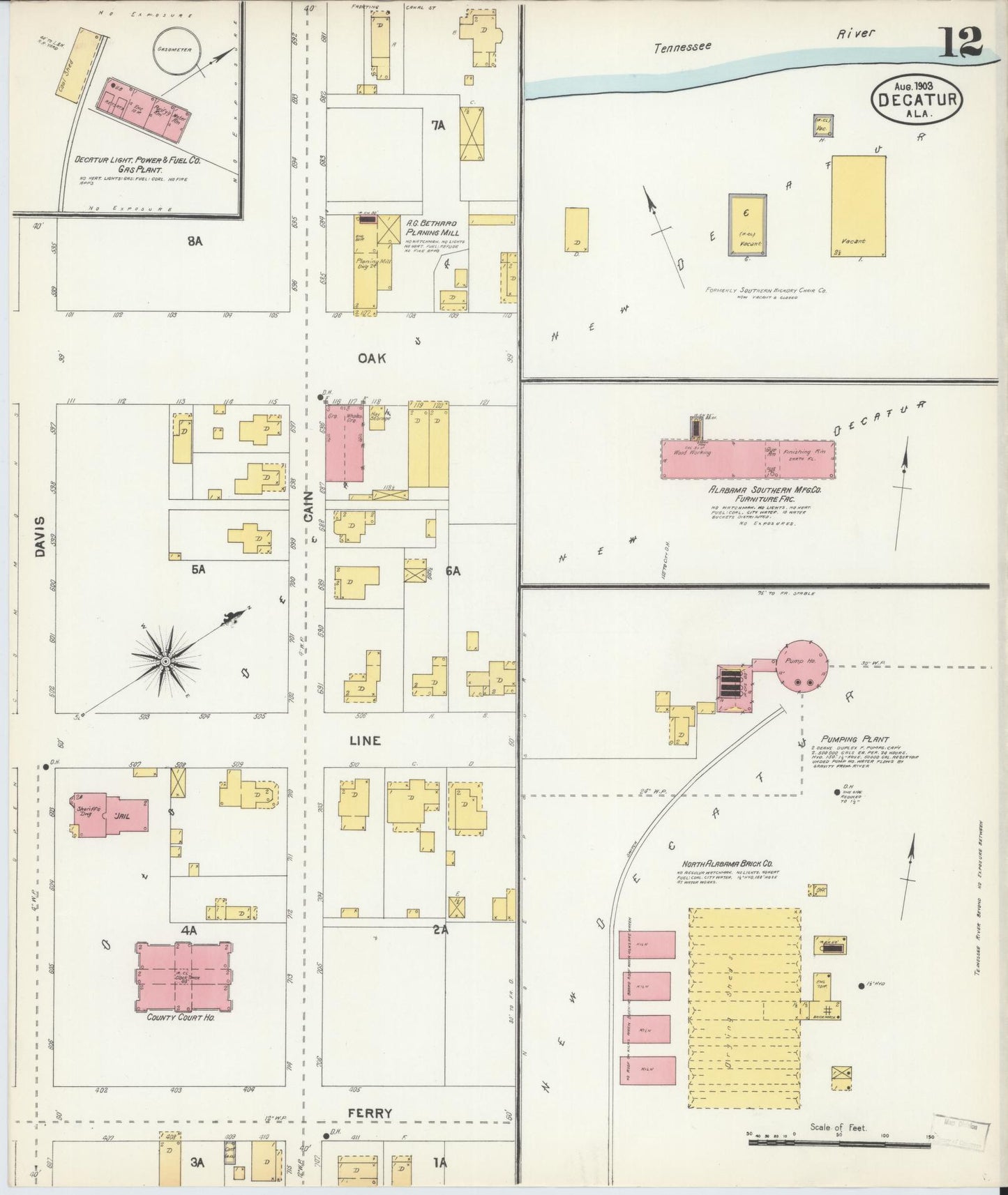 Sanborn Fire Insurance Map from Decatur, Morgan County, Alabama (1903), Sheet #0012 - Historic Sanborn Fire Insurance Map Print, vintage old map wall art, antique decor, genealogy gift, Alabama Alabama map