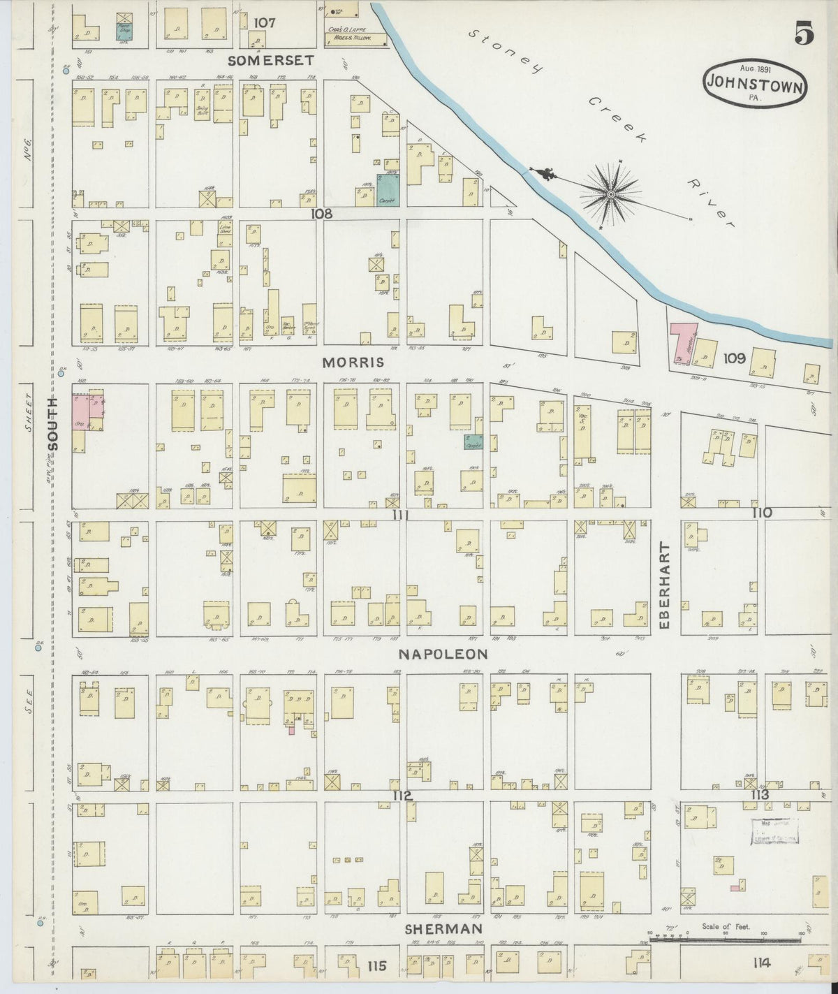 Sanborn Fire Insurance Map from Johnstown, Cambria County, Pennsylvania (1891), Sheet #0005 - Historic Sanborn Fire Insurance Map Print, vintage old map wall art, antique decor, genealogy gift, Pennsylvania Pennsylvania map