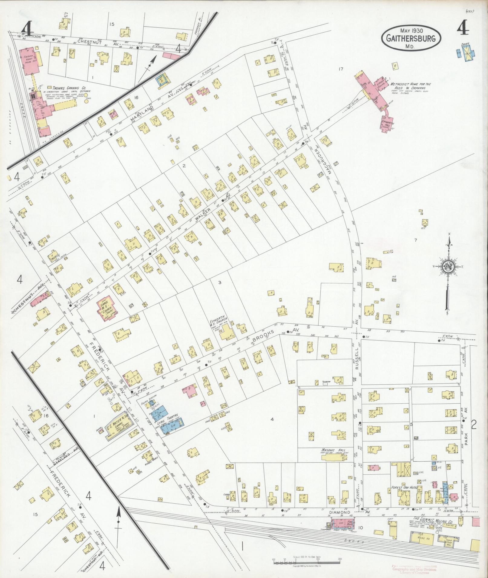 Sanborn Fire Insurance Map from Gaithersburg, Montgomery County, Maryland (1930), Sheet #0004 - Historic Sanborn Fire Insurance Map Print, vintage old map wall art, antique decor, genealogy gift, Maryland Maryland map